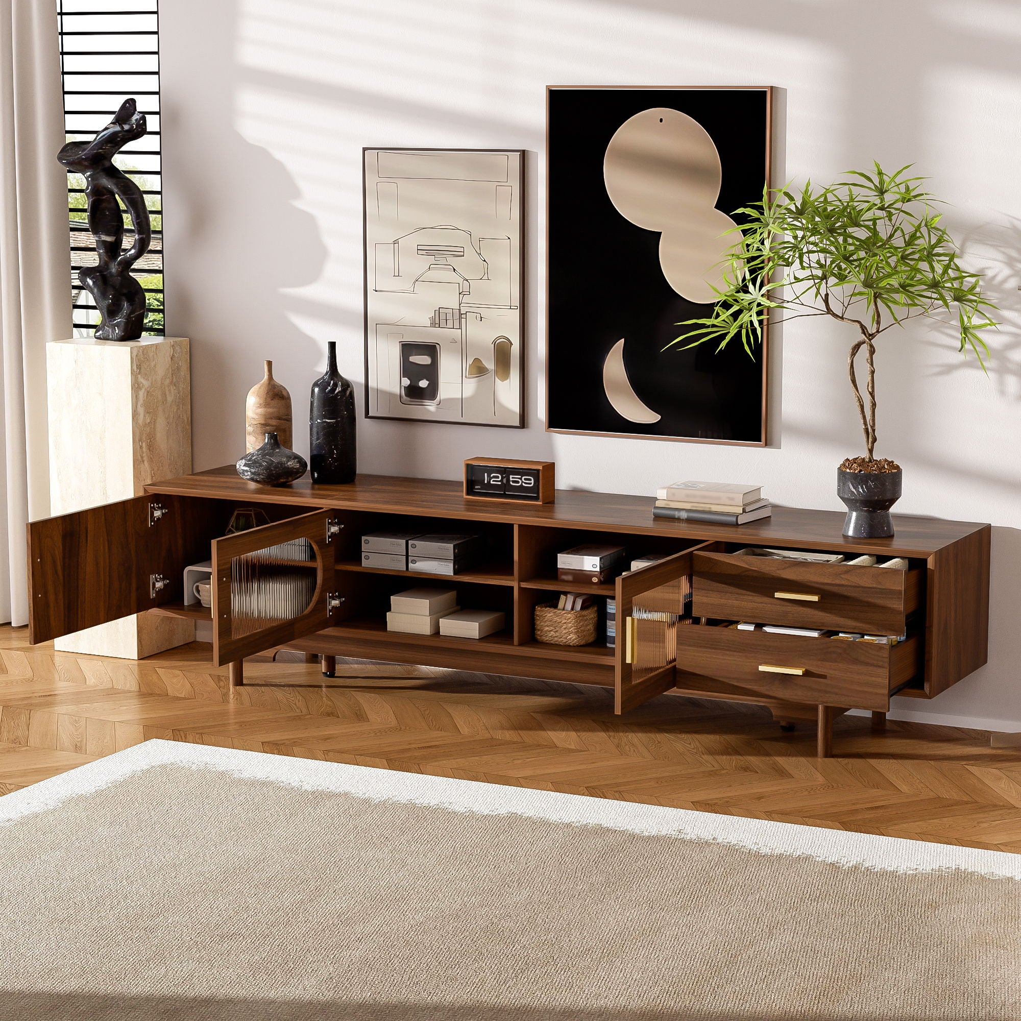 Modern TV Stand With Fluted Glass Doors & 2 Drawers