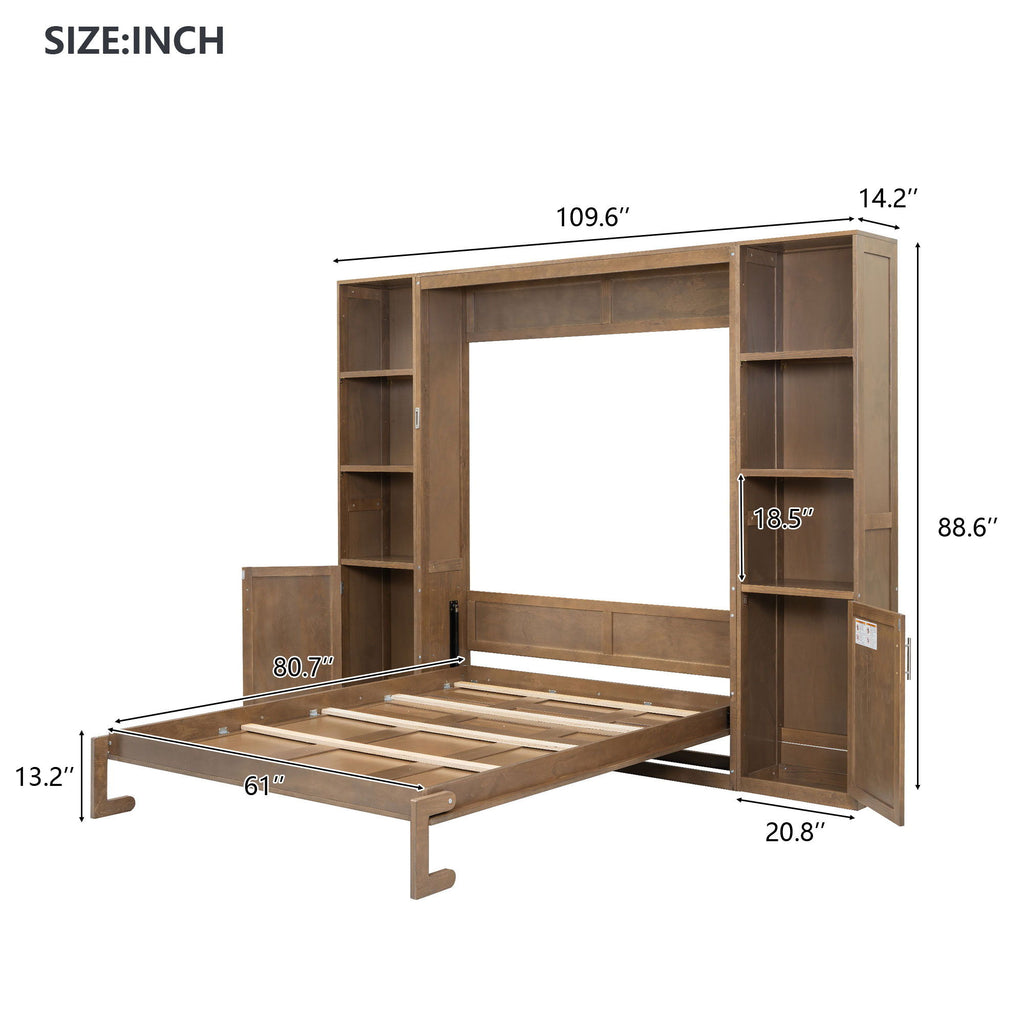 Queen Size Murphy Bed With Storage Shelves And Cabinets - Wood