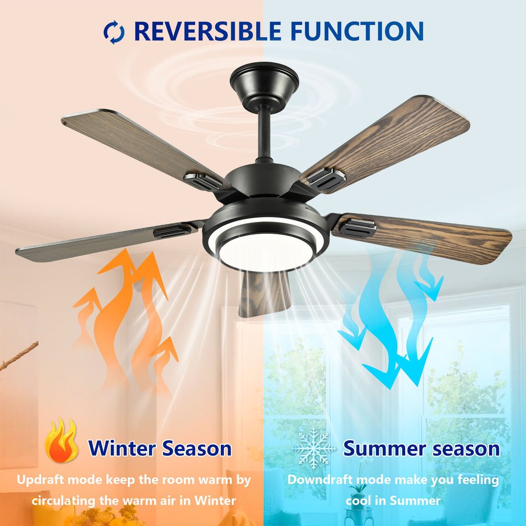 5 Blades Ceiling Fan With LED Light 3000 - 6500K Dimmable, 6 Speed Levels, Reversible Ceiling Fan - Matte Black