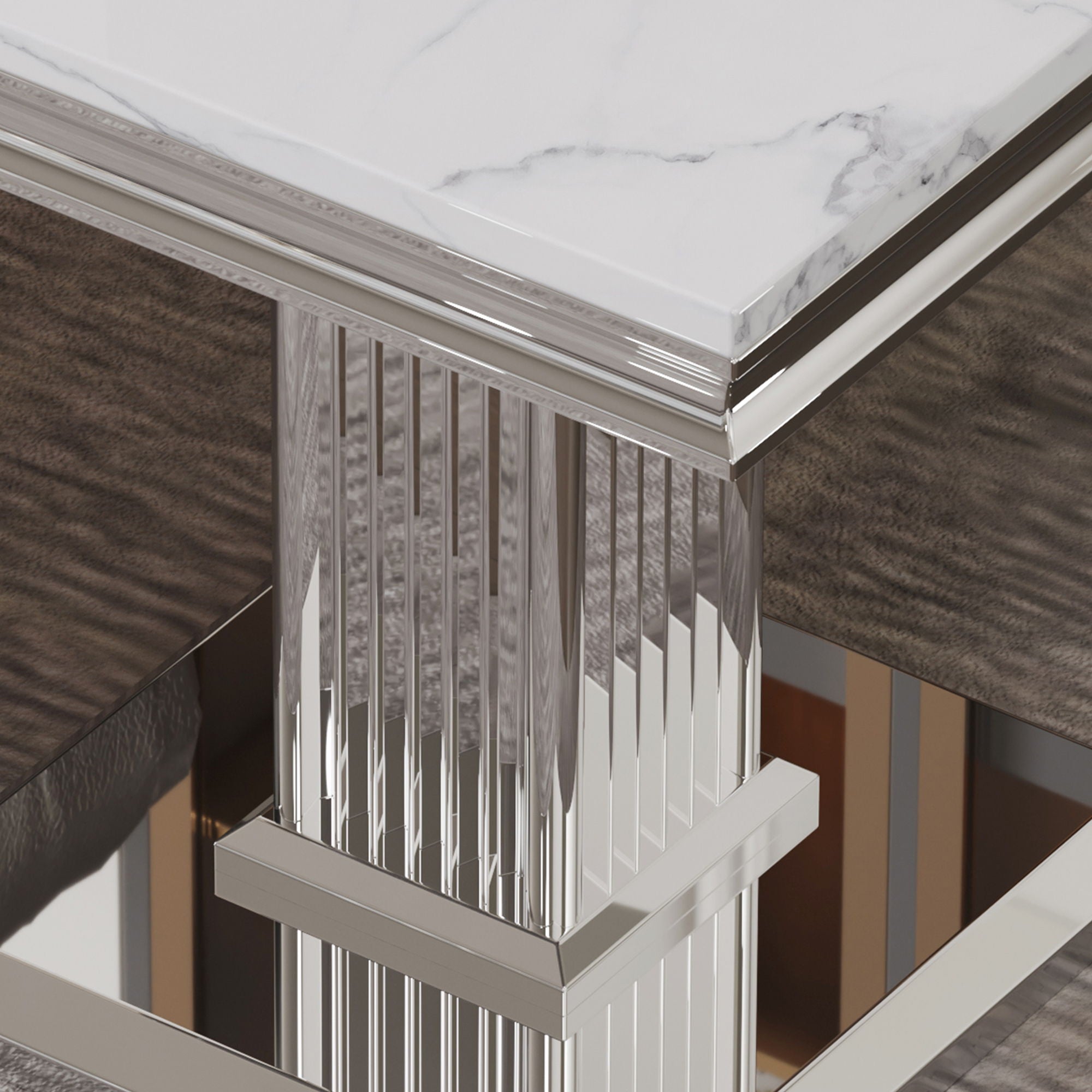 Marble Printed Top Rectangular End Table, Base With Mirrored Finish