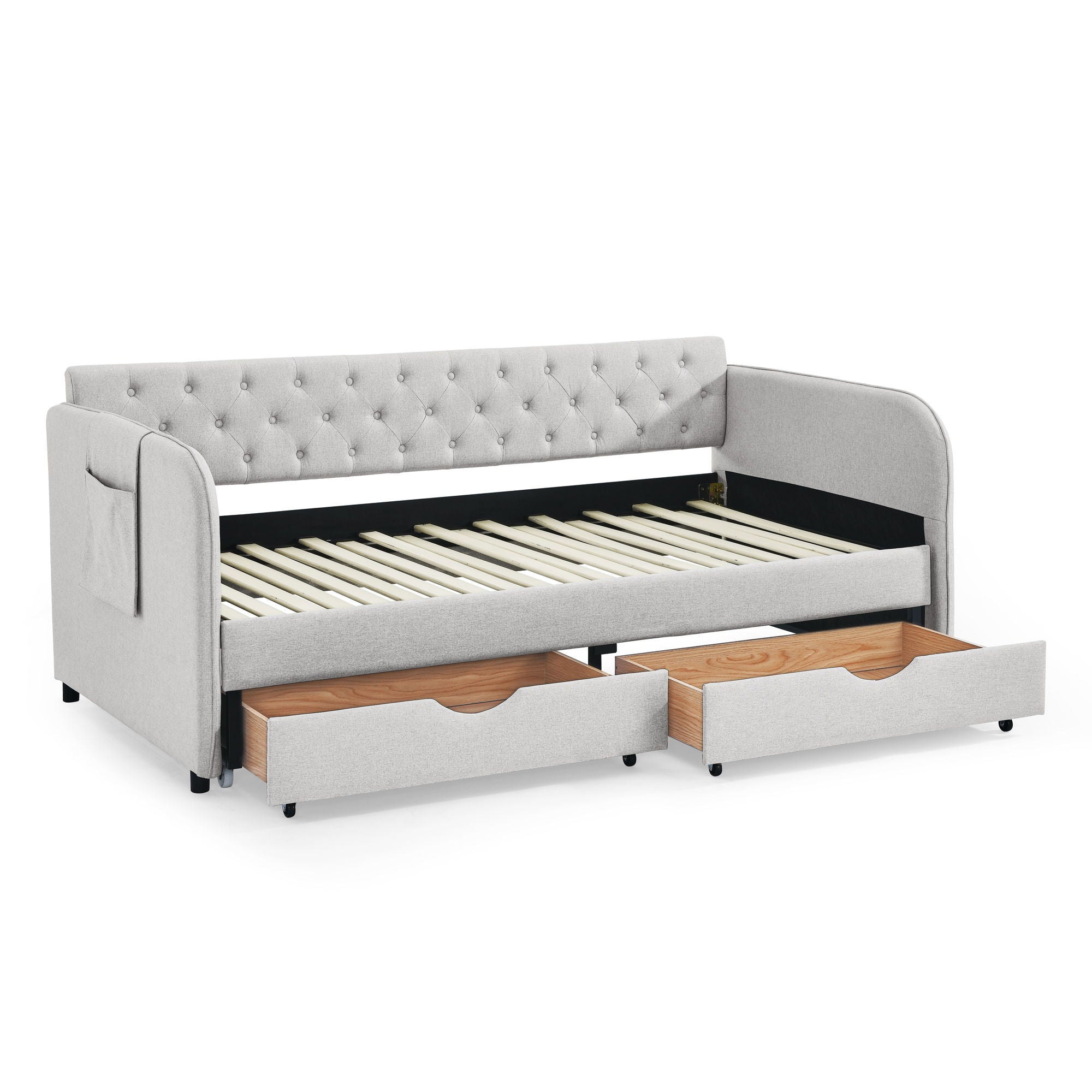 Daybed With Trundle And Storage Drawers, Flat Arms With Pocket
