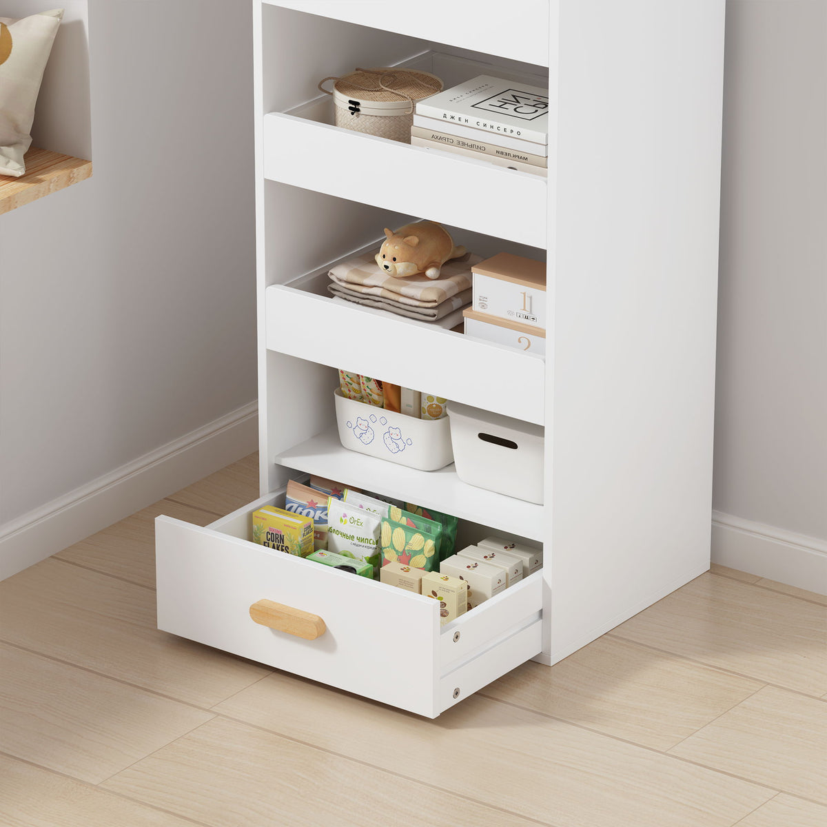 4 Tier Freestanding Bookshelf With 3 Sliding Drawers And 1 Bottom Drawer - White