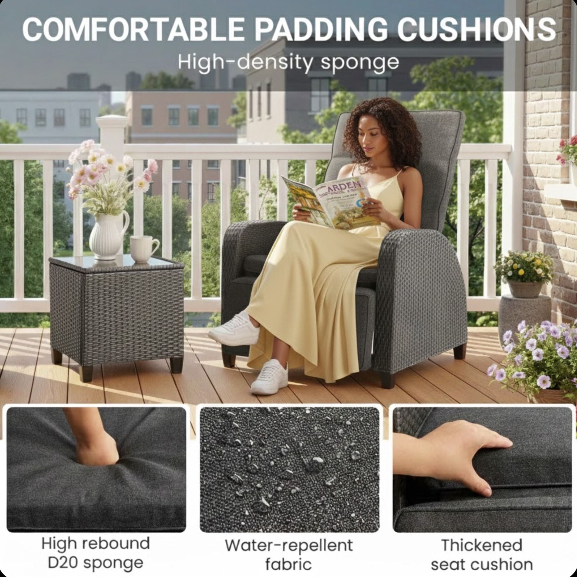 Adjustable Outdoor Lounge Chair, Plush Cushions & Extendable Footrest - Gray