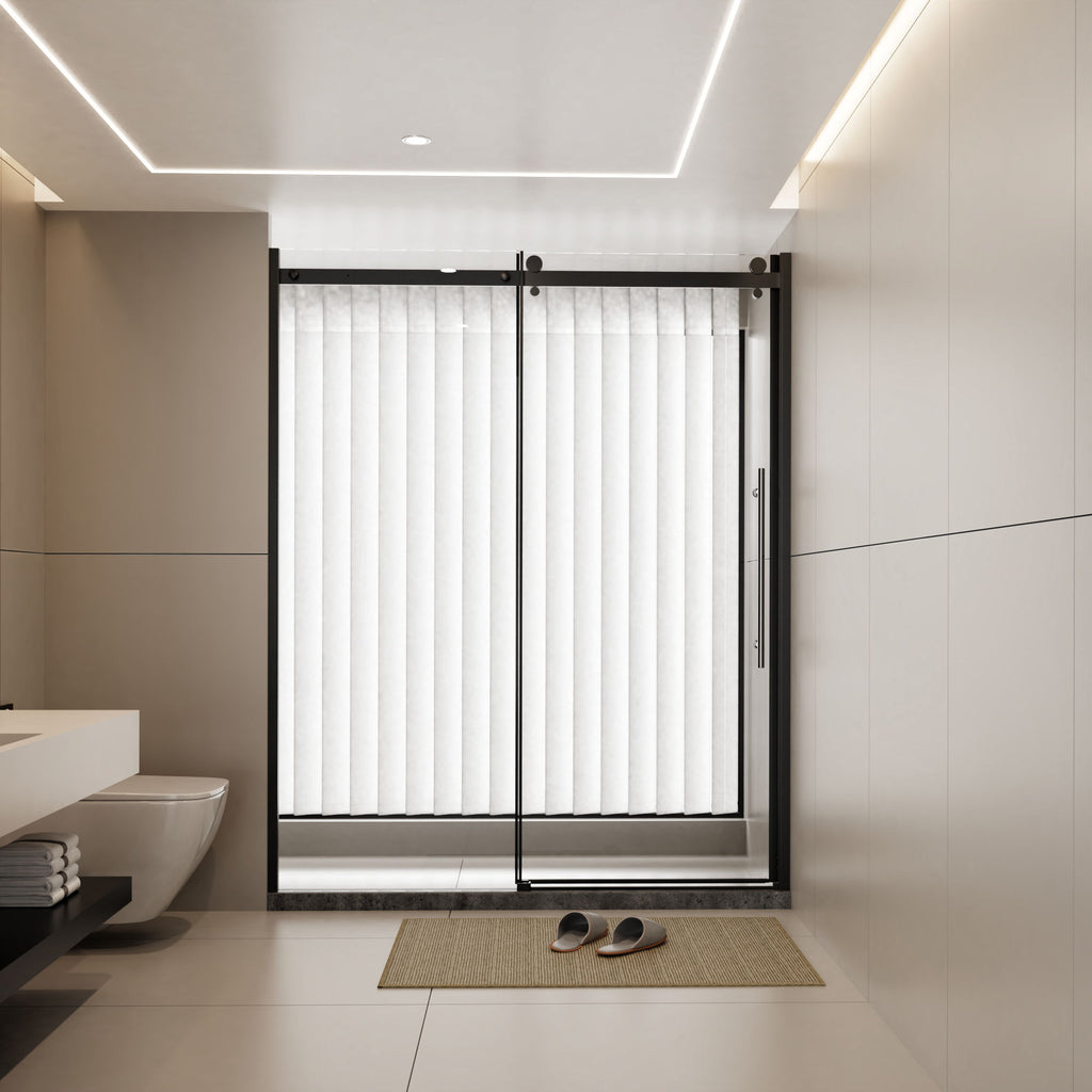Frameless Shower Door Single Sliding, Clear Tempered Glass Shower Door With Zinc Roller Rail System, Stainless Steel Handle - Black