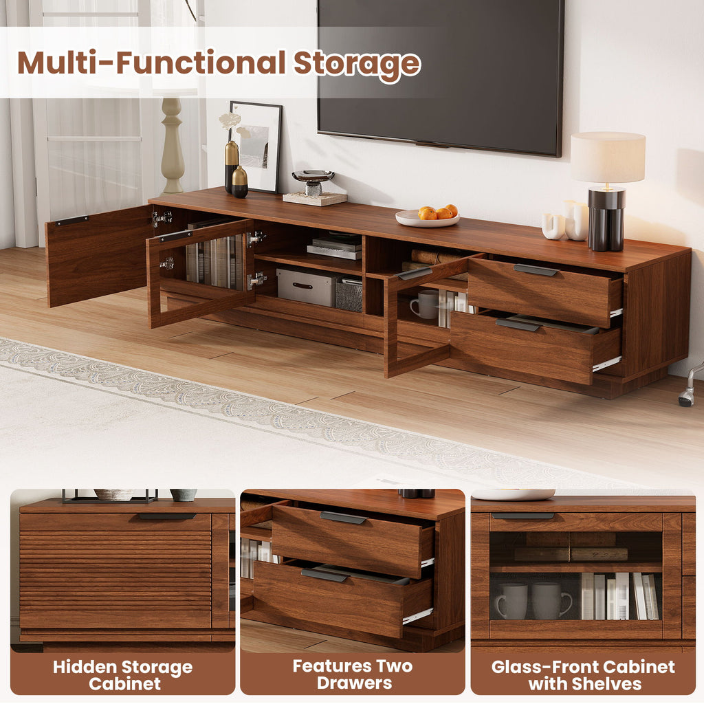 TV Stand With 2 Drawers, Doors & Cable Management, Soft Closing Hinges - Walnut