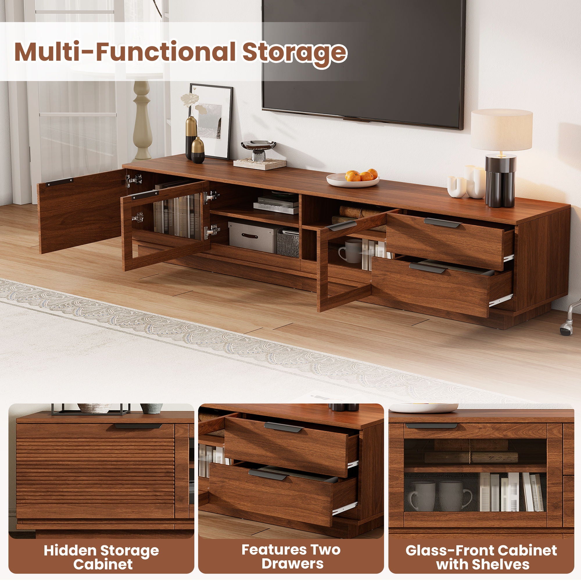 TV Stand With 2 Drawers, Doors & Cable Management, Soft Closing Hinges - Walnut