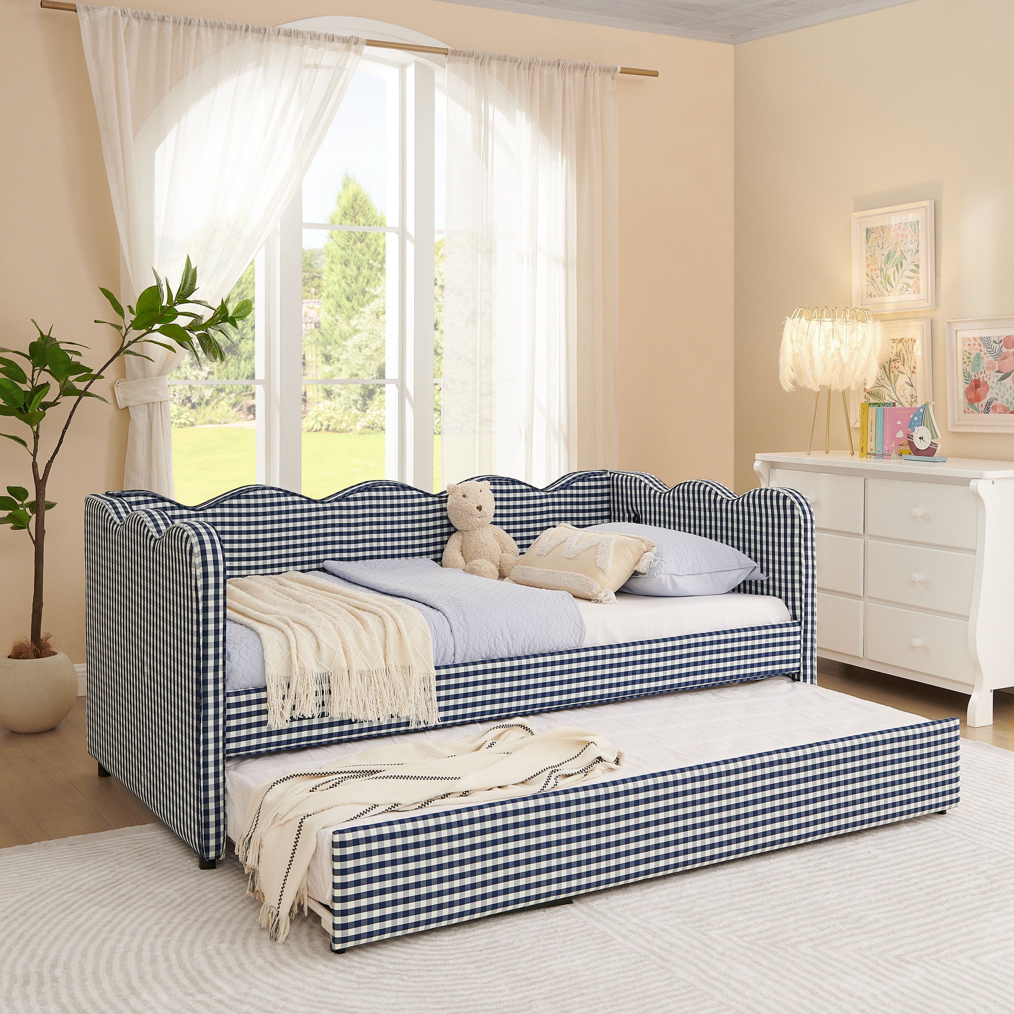 Gingham Daybed With USB Charging Port, Wave-Shaped Design