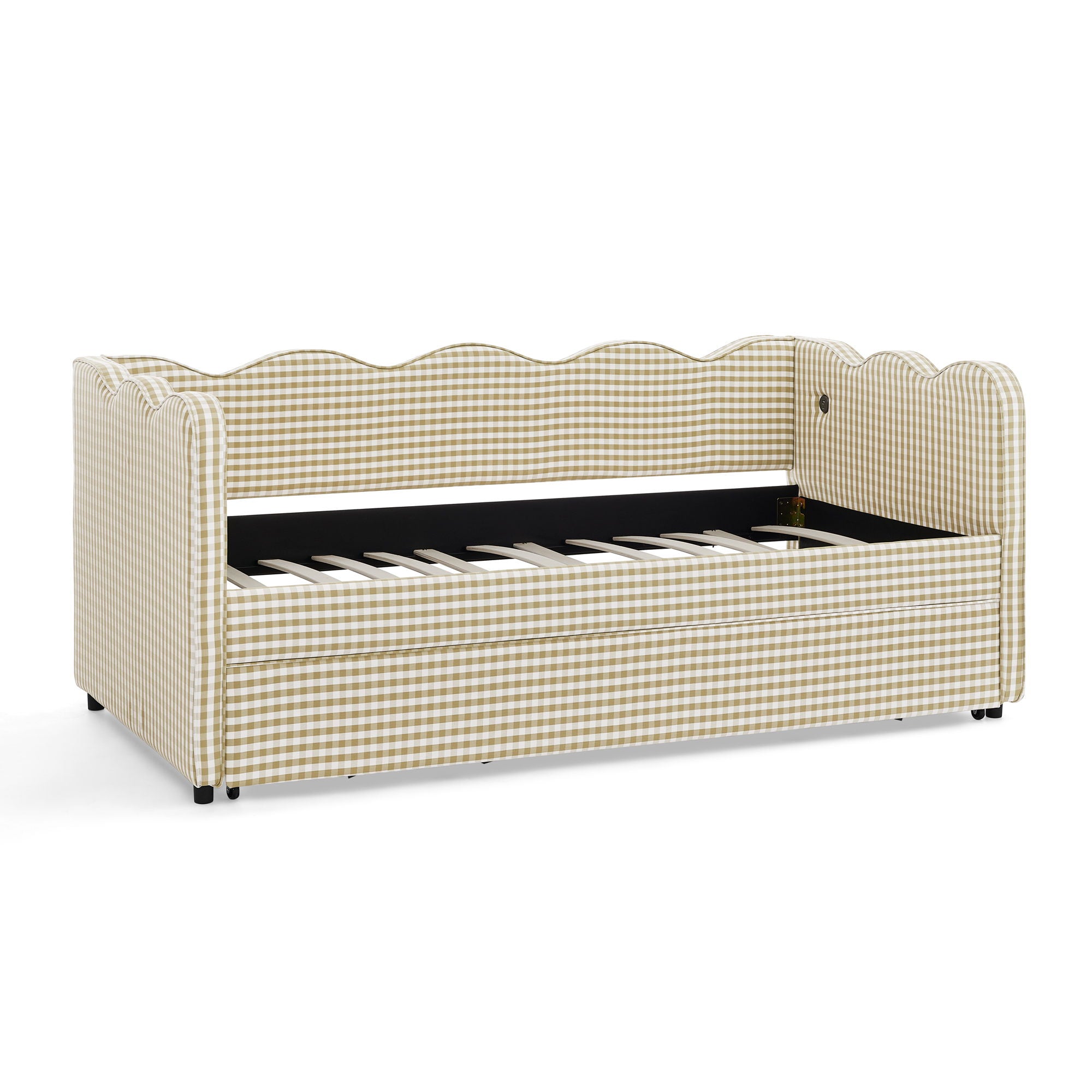 Gingham Daybed With USB Charging Port, Wave-Shaped Design
