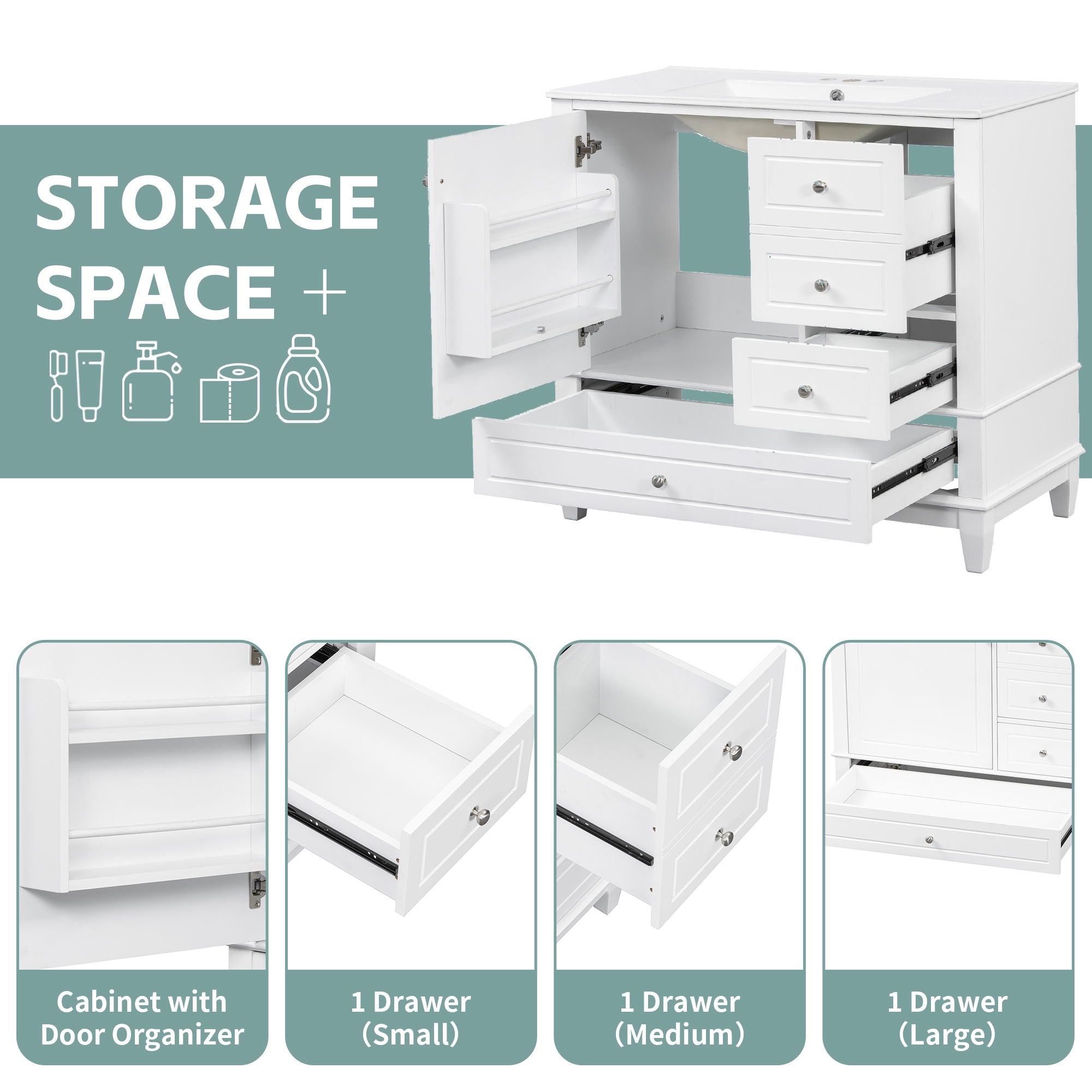 Modern Bathroom Vanity With Sink, 3 Drawers & Cabinet