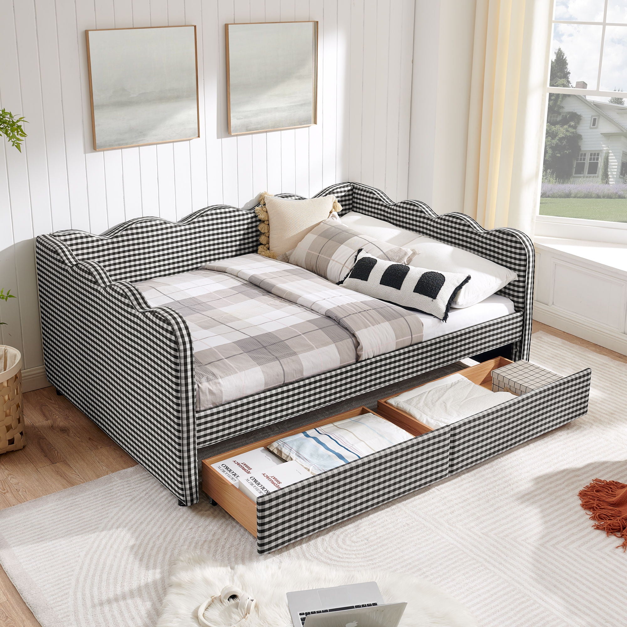 Gingham Daybed & USB Charging Port, Wave-Shaped Design