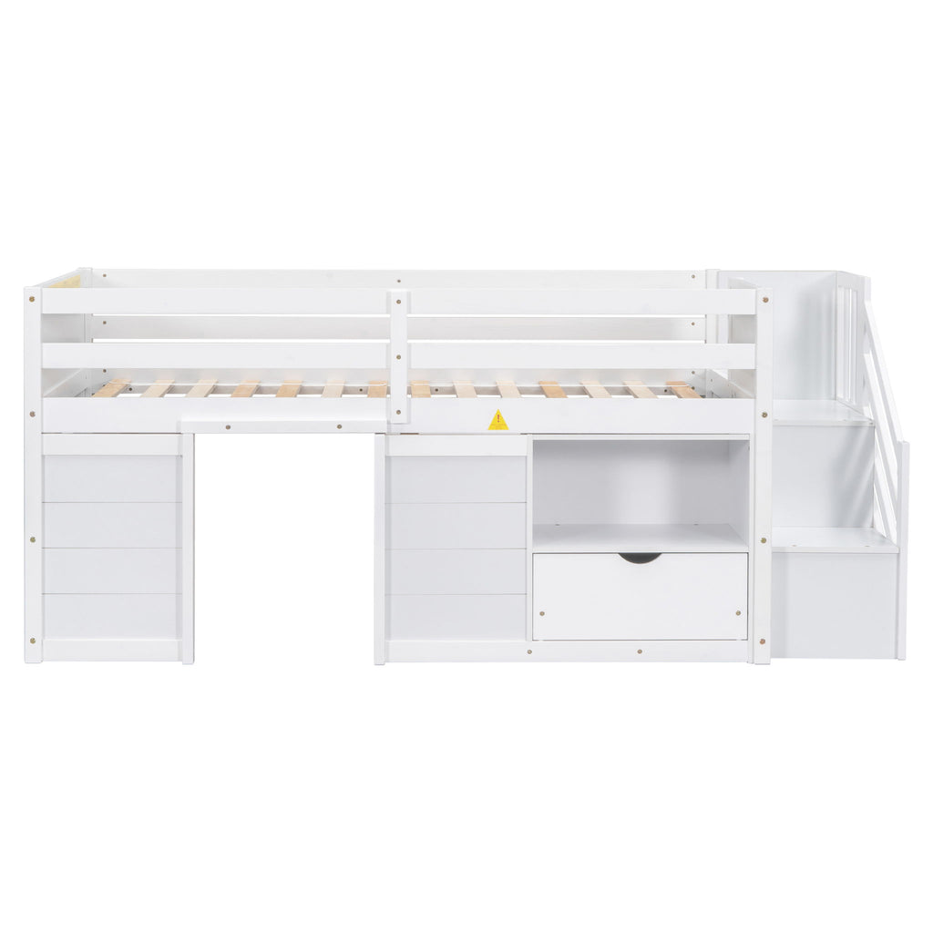 Low Loft Bed With Stair, Drawer, And Shelf