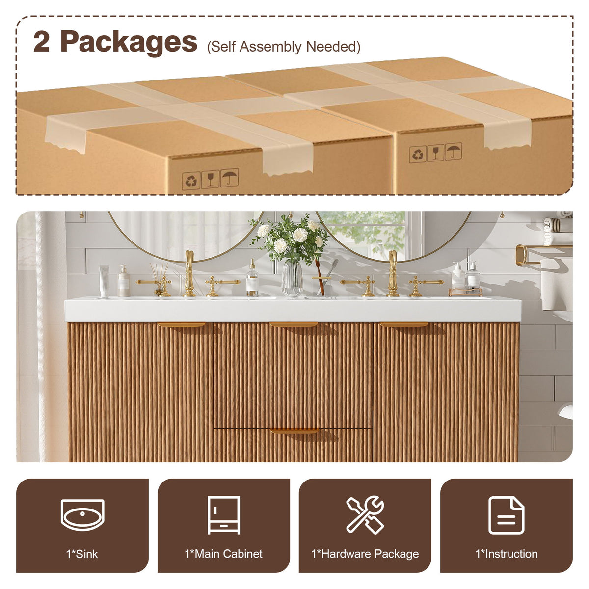 Double Sink Bathroom Vanity, Cabinet, Soft Close Doors, Divided Drawers, Wall Mounted Storage - Wood