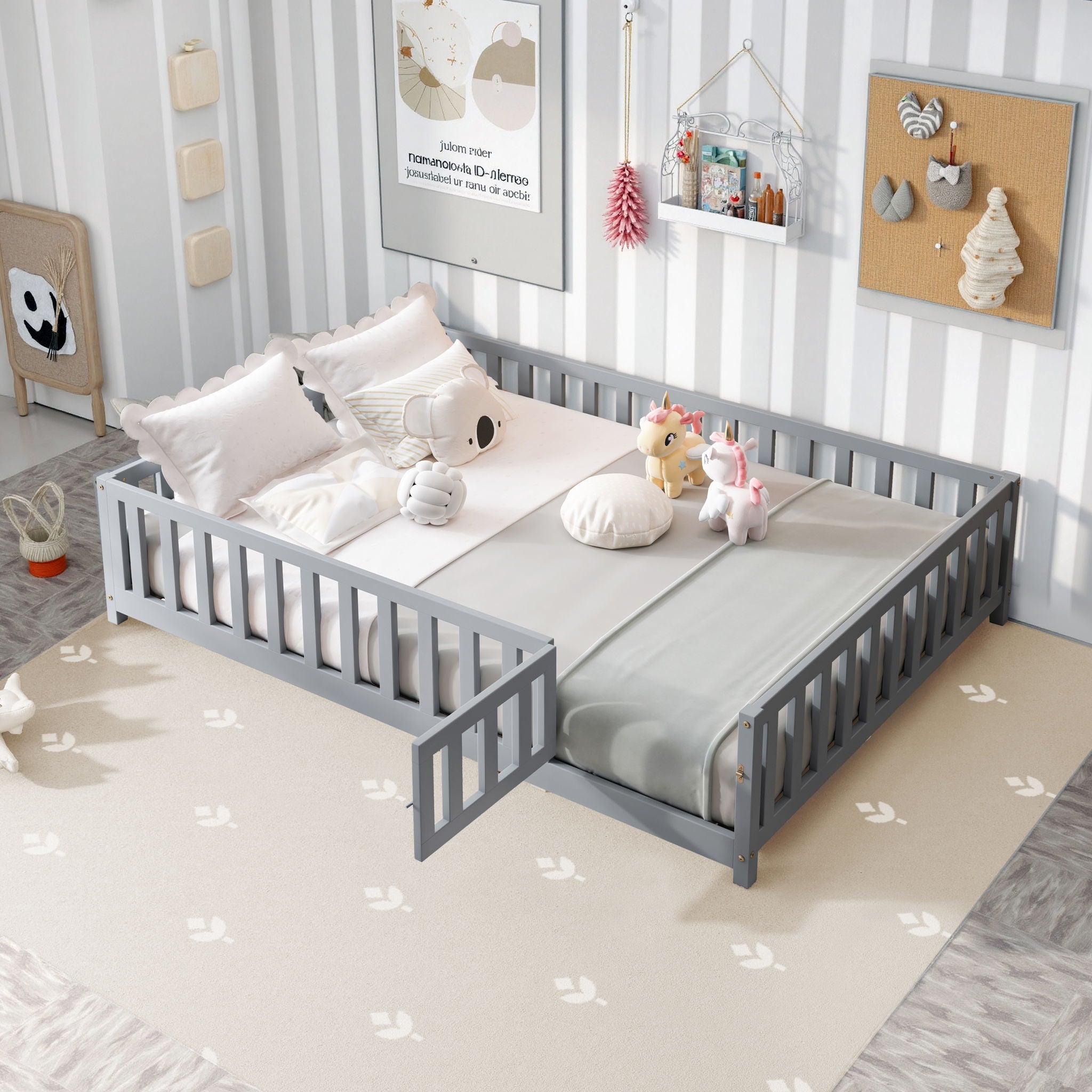 Montessori - Full Size Wooden Floor Platform Bed With Fence And Door, Montessori Floor Bed Frame With Support Slats For Toddlers - Gray