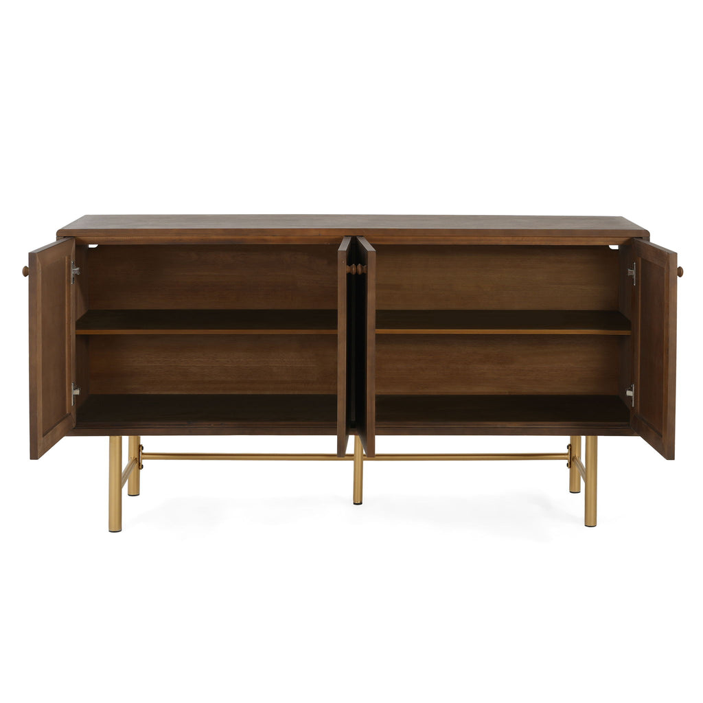Modern Scandinavian 4 Door Sideboard, Storage Cabinet With Adjustable Shelves - Gold / Walnut