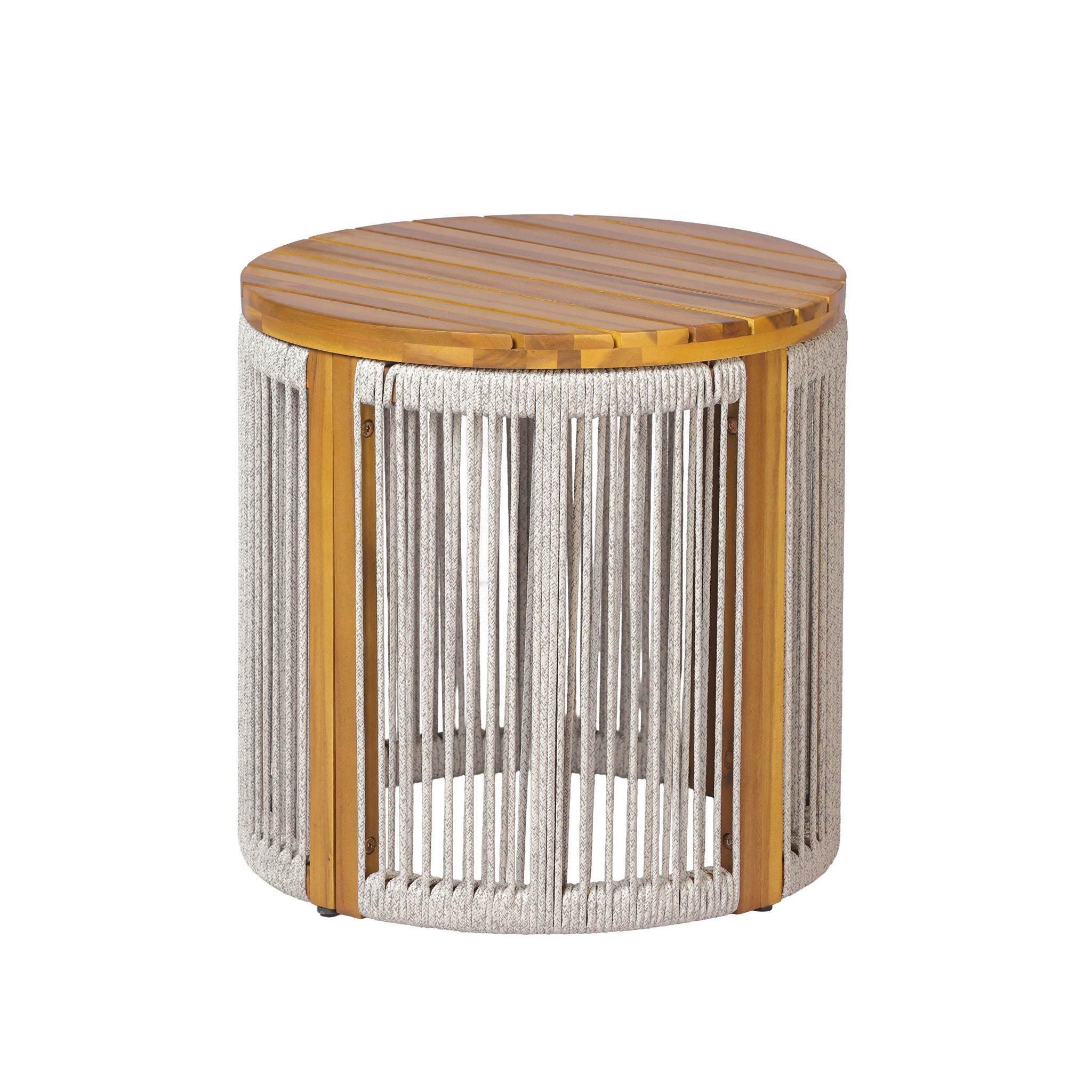 Round Side Table With Rope Detail For Patio - Light Gray / Teak