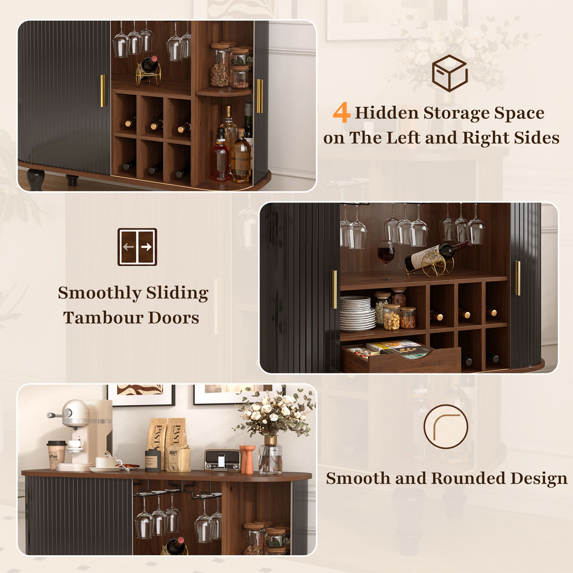 Fluted Liquor & Coffee Bar Cabinet With 6 Wine Racks And 3 Glass Holders
