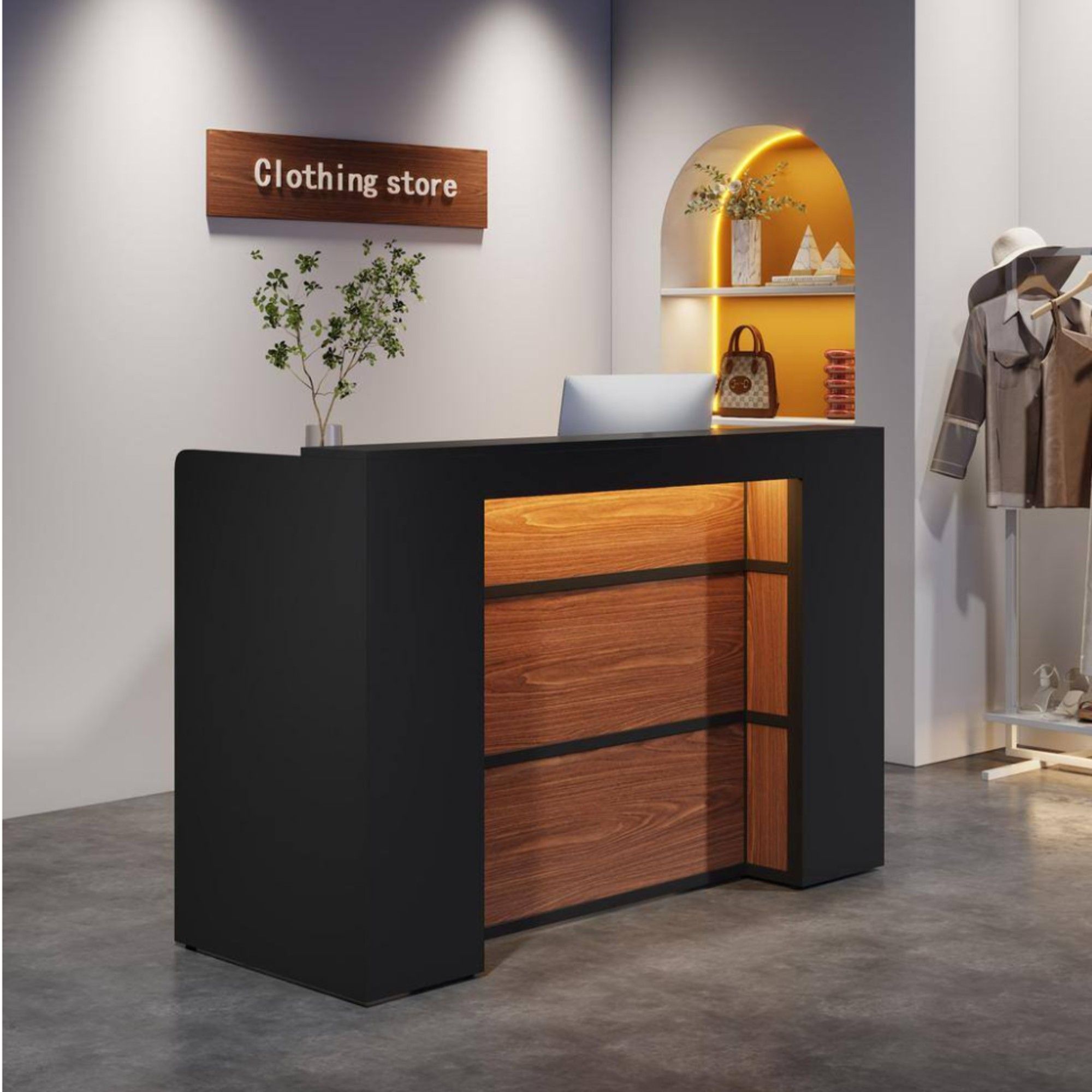 Reception Desk With LED Lights For Office - Black