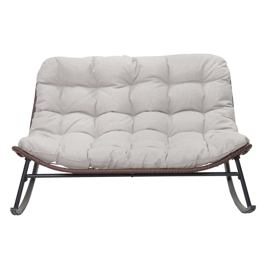 Double Wide Rocking Papasan Chair, 2 Person Outdoor Lounge Seating - Acacia Wood / Beige