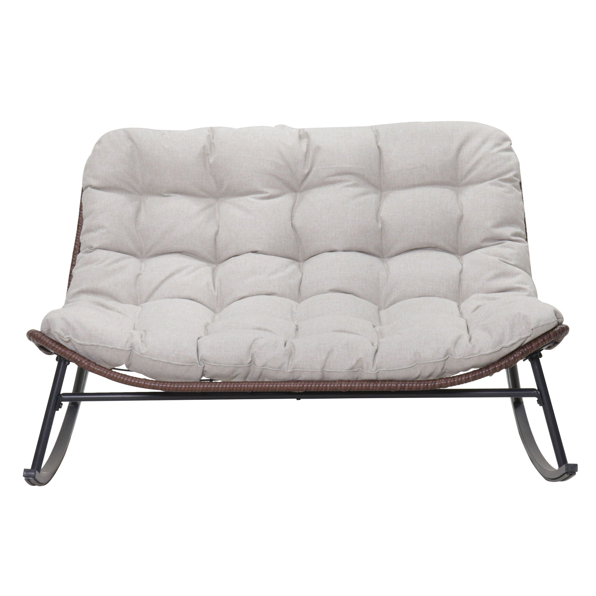 Double Wide Rocking Papasan Chair, 2 Person Outdoor Lounge Seating - Acacia Wood / Beige