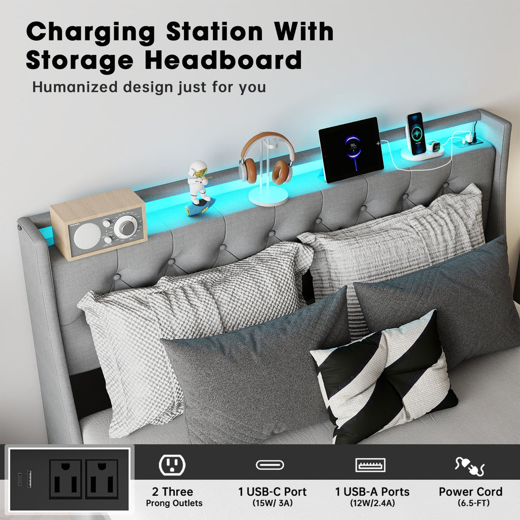 Platform Bed Frame With RGB LED Lights, Charging Station, Storage Headboard & 4 Underbed Drawers