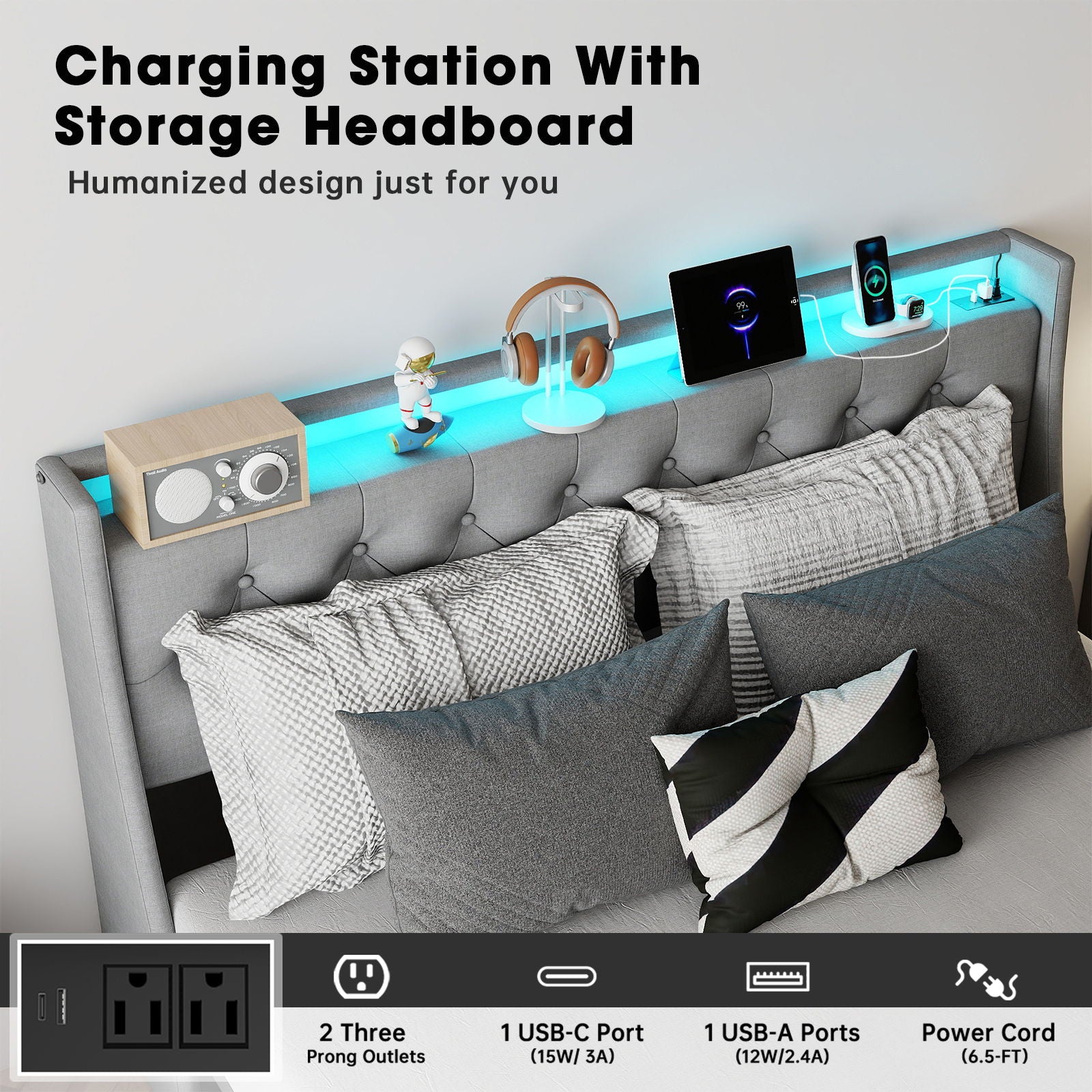 Platform Bed Frame With RGB LED Lights, Charging Station, Storage Headboard & 4 Underbed Drawers