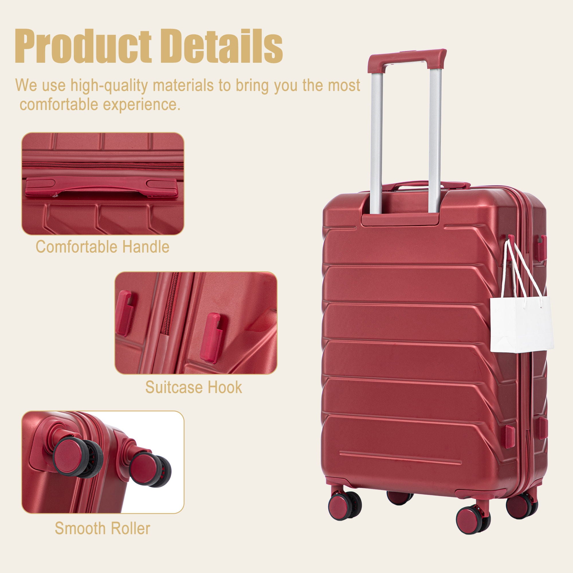 Hard Shell Luggage With Scratch Resistant Surface, 4 Wheels, Combination Lock & Side Hooks