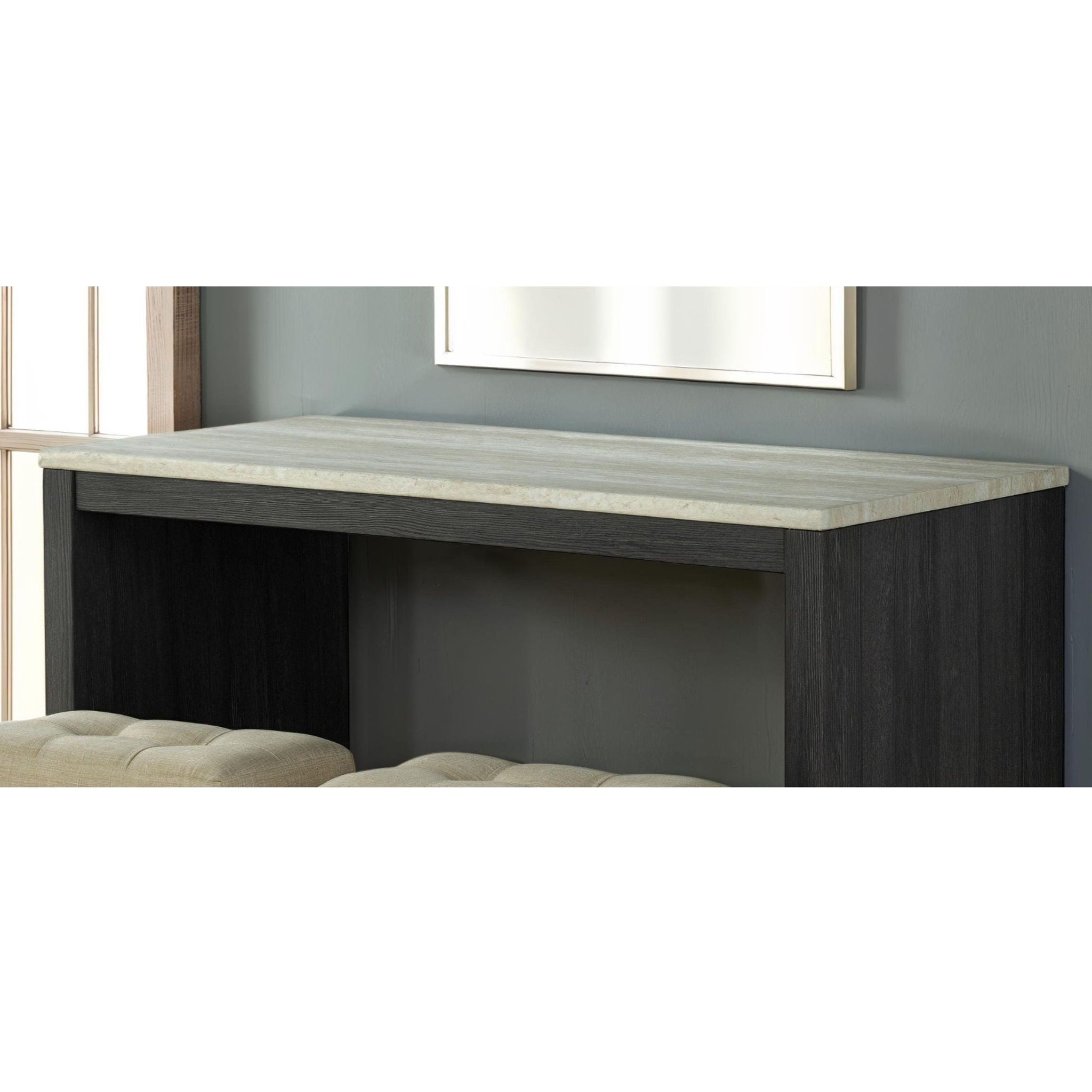 Dining Table Set With Biscuit Tufted Stools - Beige / Black / Gray