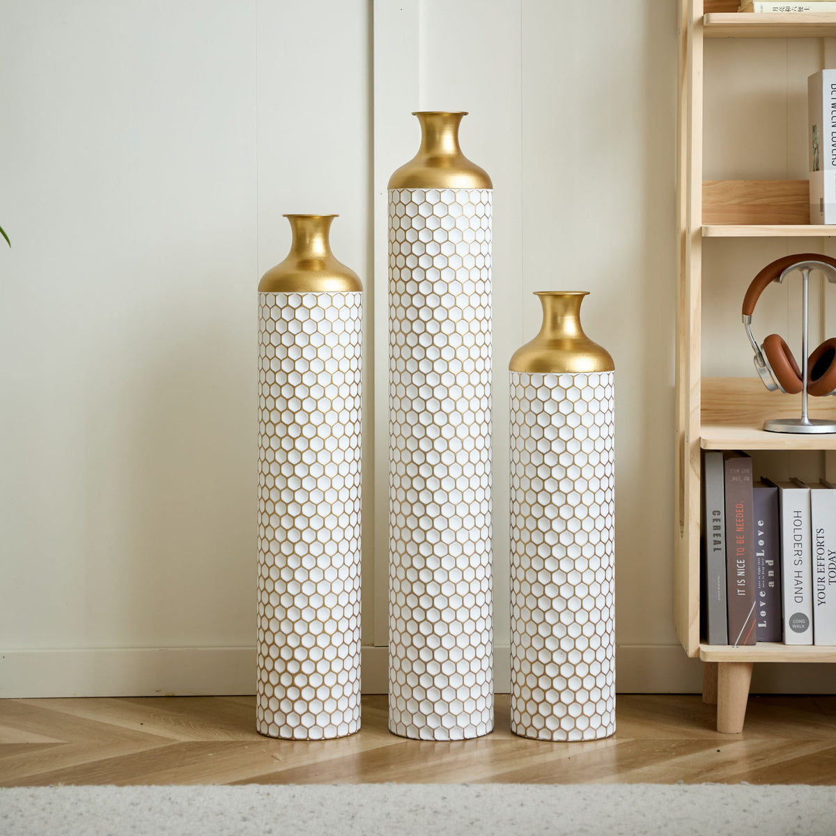 3 Piece Set Gorgeous Home Decoration Large Glazed Floor Vase Decoration Home Droplet Shaped - Gold / White