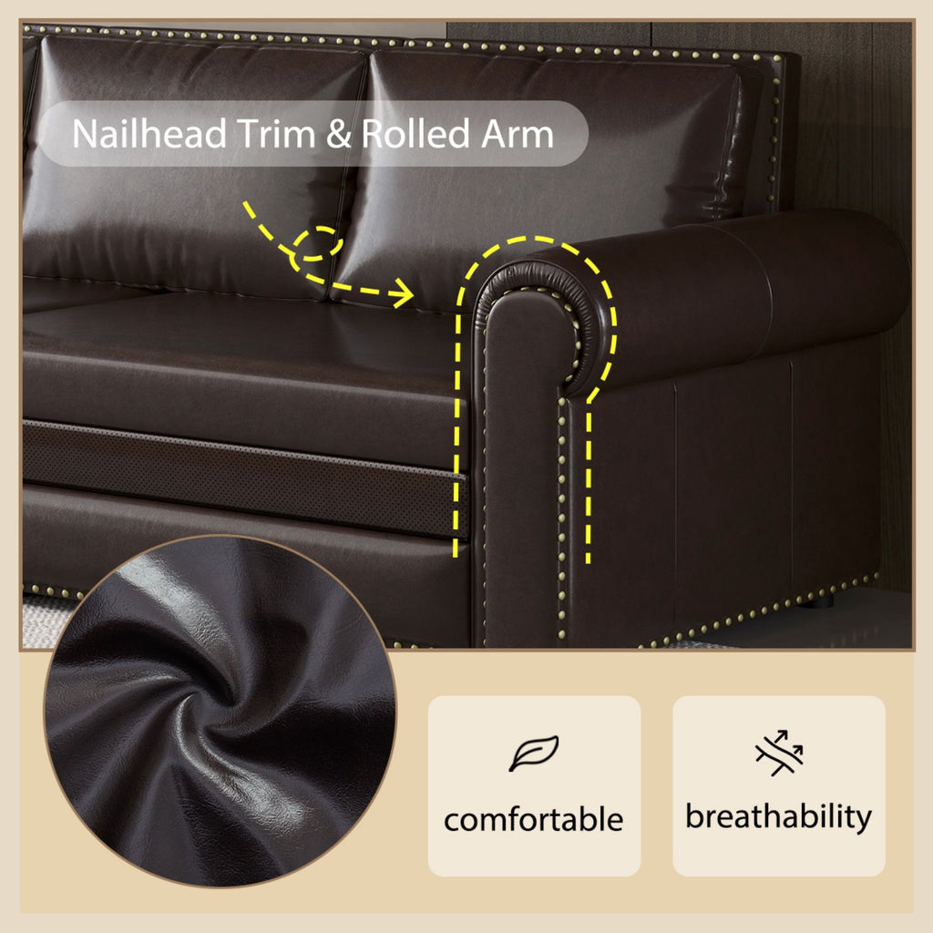 3 In 1 Convertible Sleeper Sofa With Nailhead Trim & Rolled Arm
