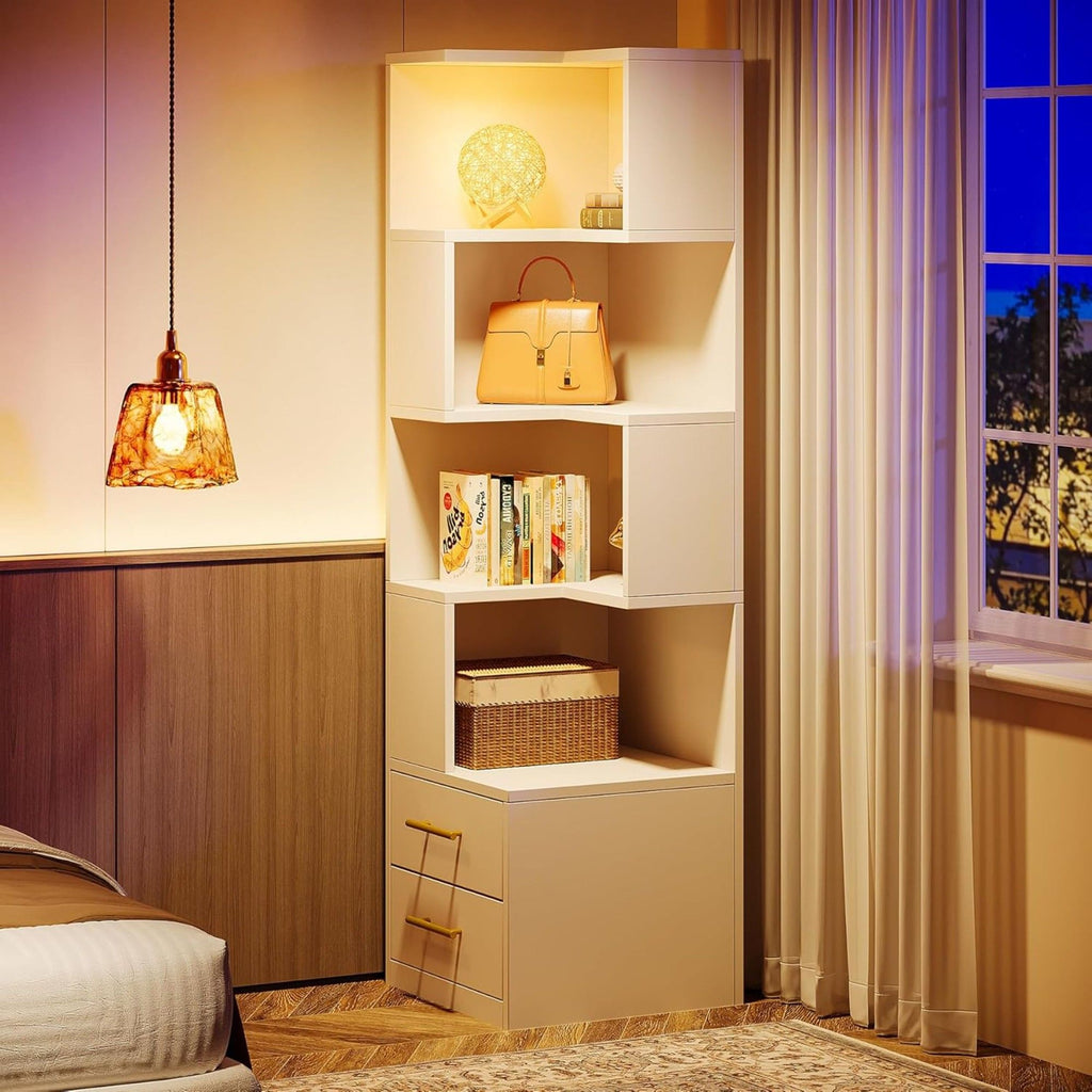 Corner Bookshelf With 2 Drawers, 5 Tier Bookcase For Apartment - White