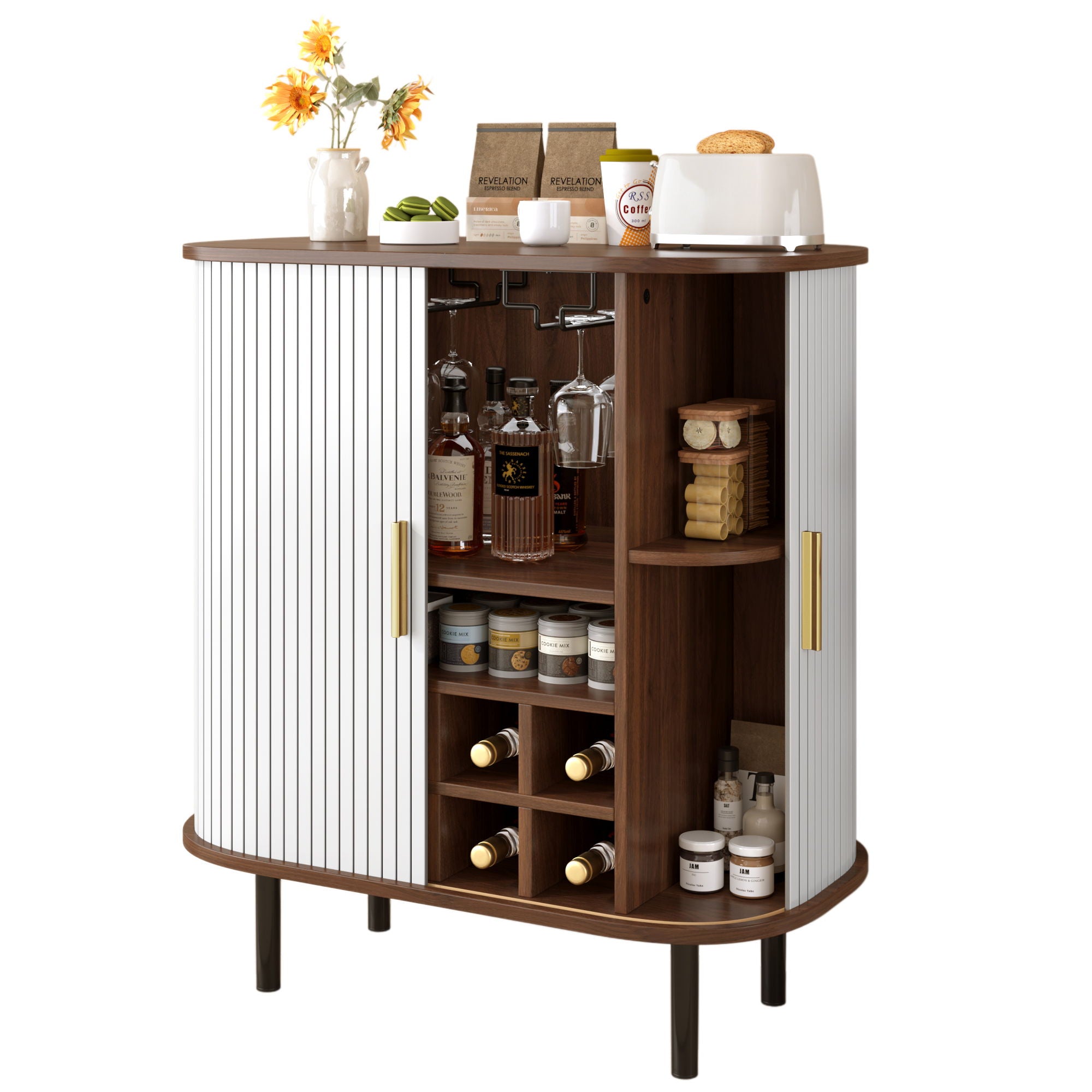 Fluted Wine Bar Cabinet With 8 Grid Wine Rack, 5 Level Adjustable Shelves, 2 Glass Holders