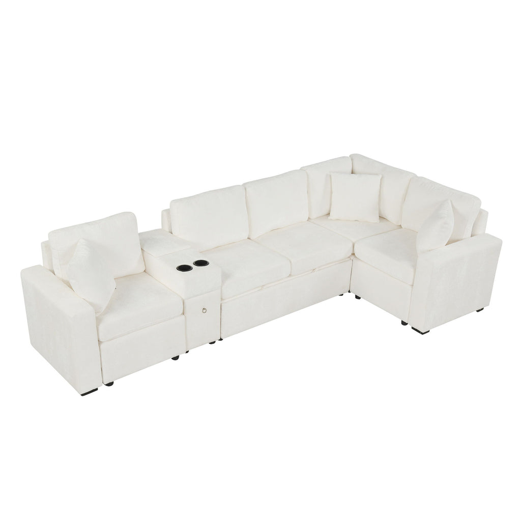 Modular L-Shaped Sectional Sofa Bed With Pull-Out Sleeper, Cup Holders, And Storage