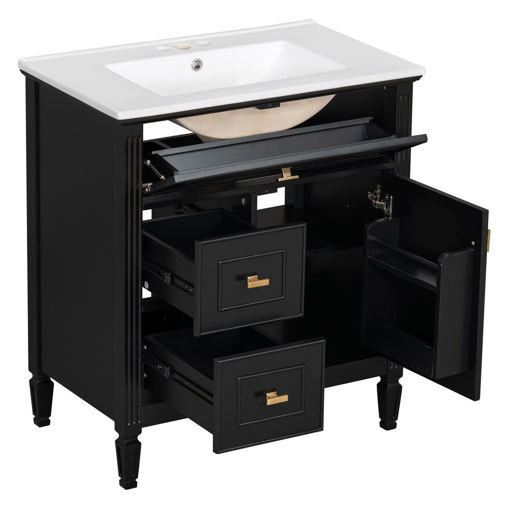 Modern Bathroom Vanity With Sink, 1 Flip Drawer And 2 Drawers, Adjustable Shelf
