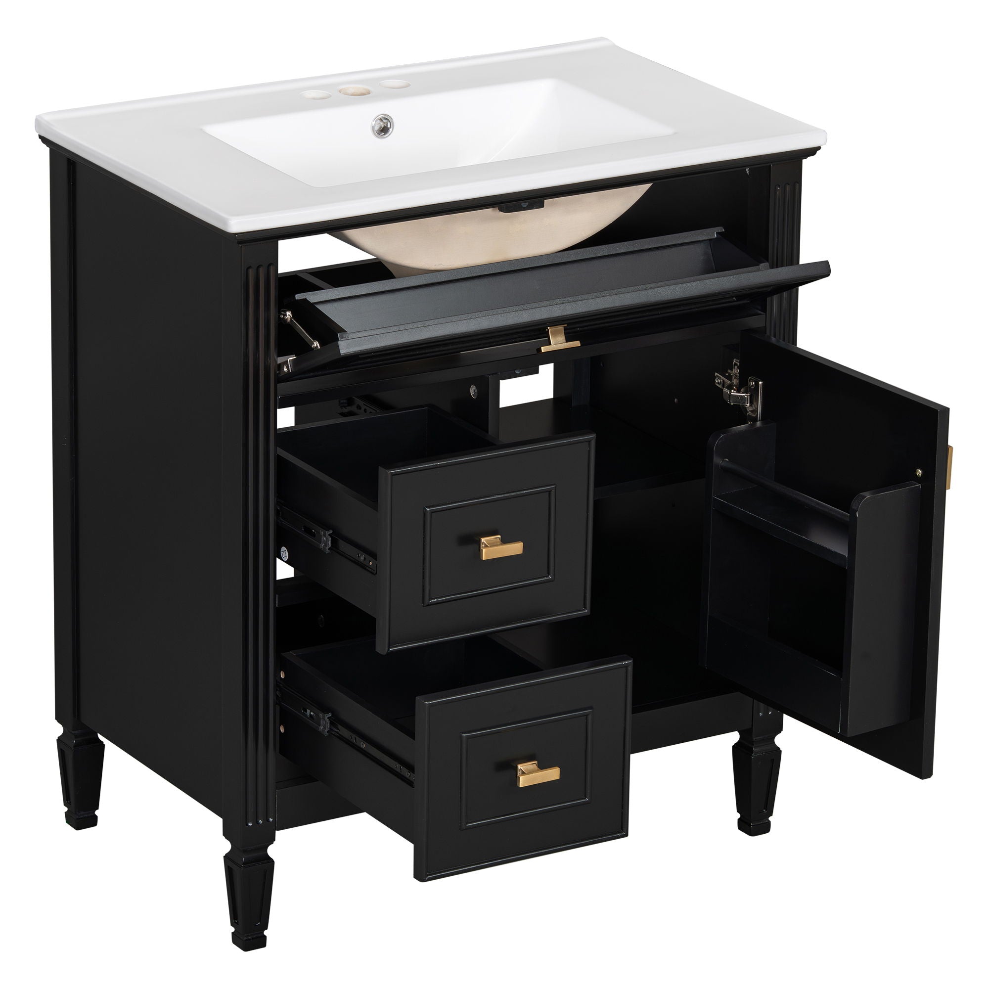 Modern Bathroom Vanity With Sink, 1 Flip Drawer And 2 Drawers, Adjustable Shelf