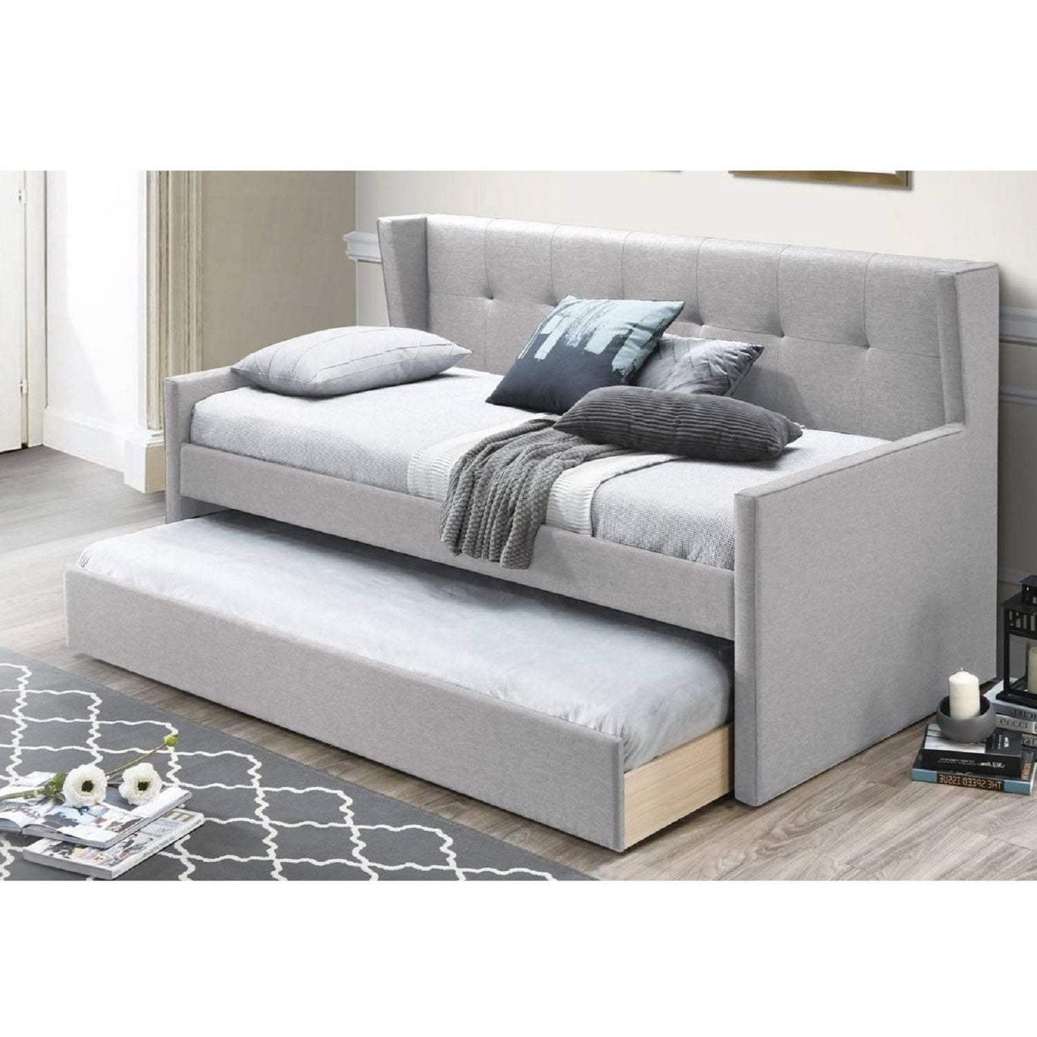 Daybed With Slat Trundle, Button Tufted - Light Gray