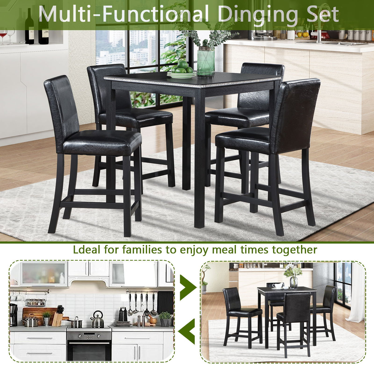 5 Pieces Counter Height Table Set, Kitchen Table With Square Table And 4 Upholstered Chairs