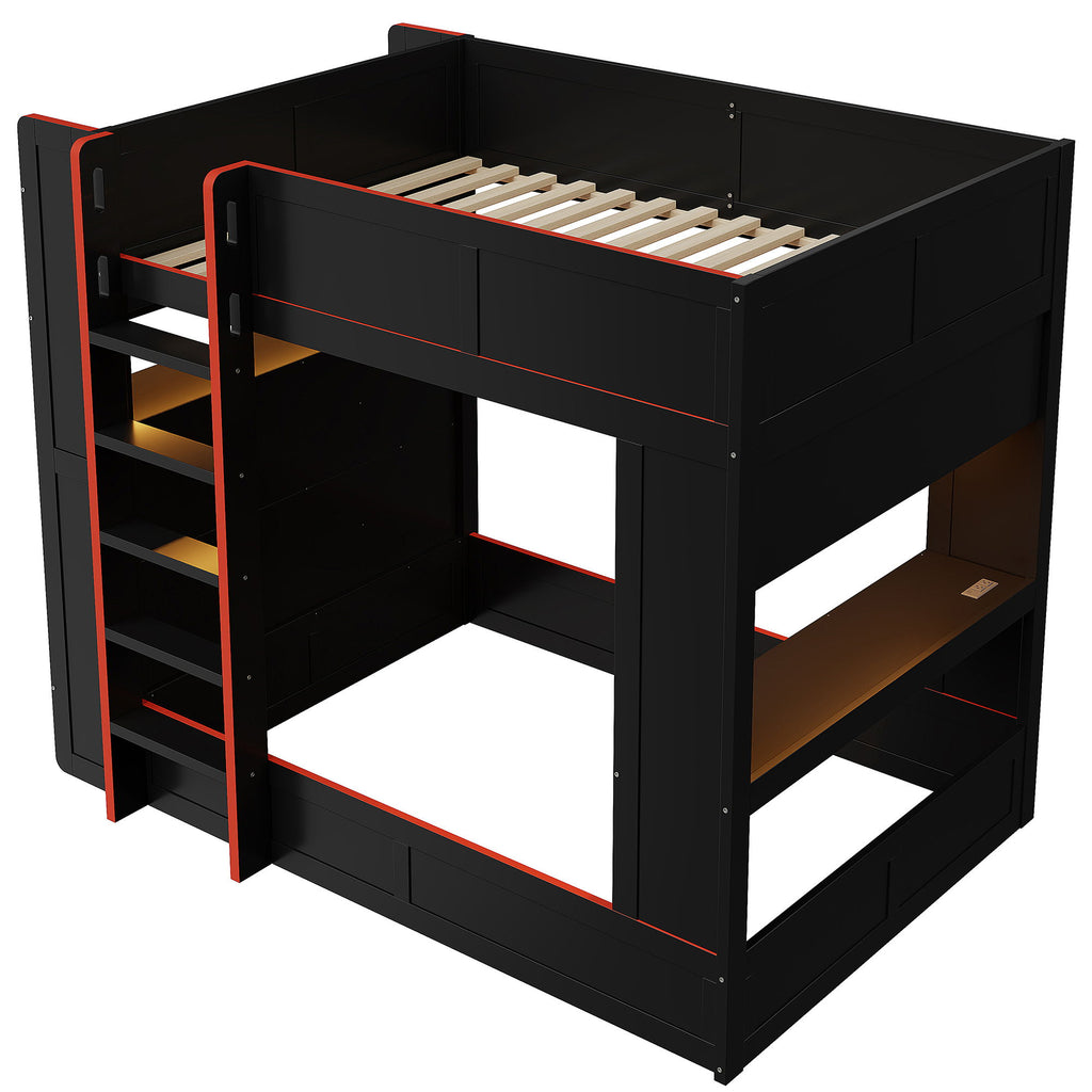 Full Size Gaming Bunk Bed With Desk, Storage Shelves, LED And Charging Station - Black