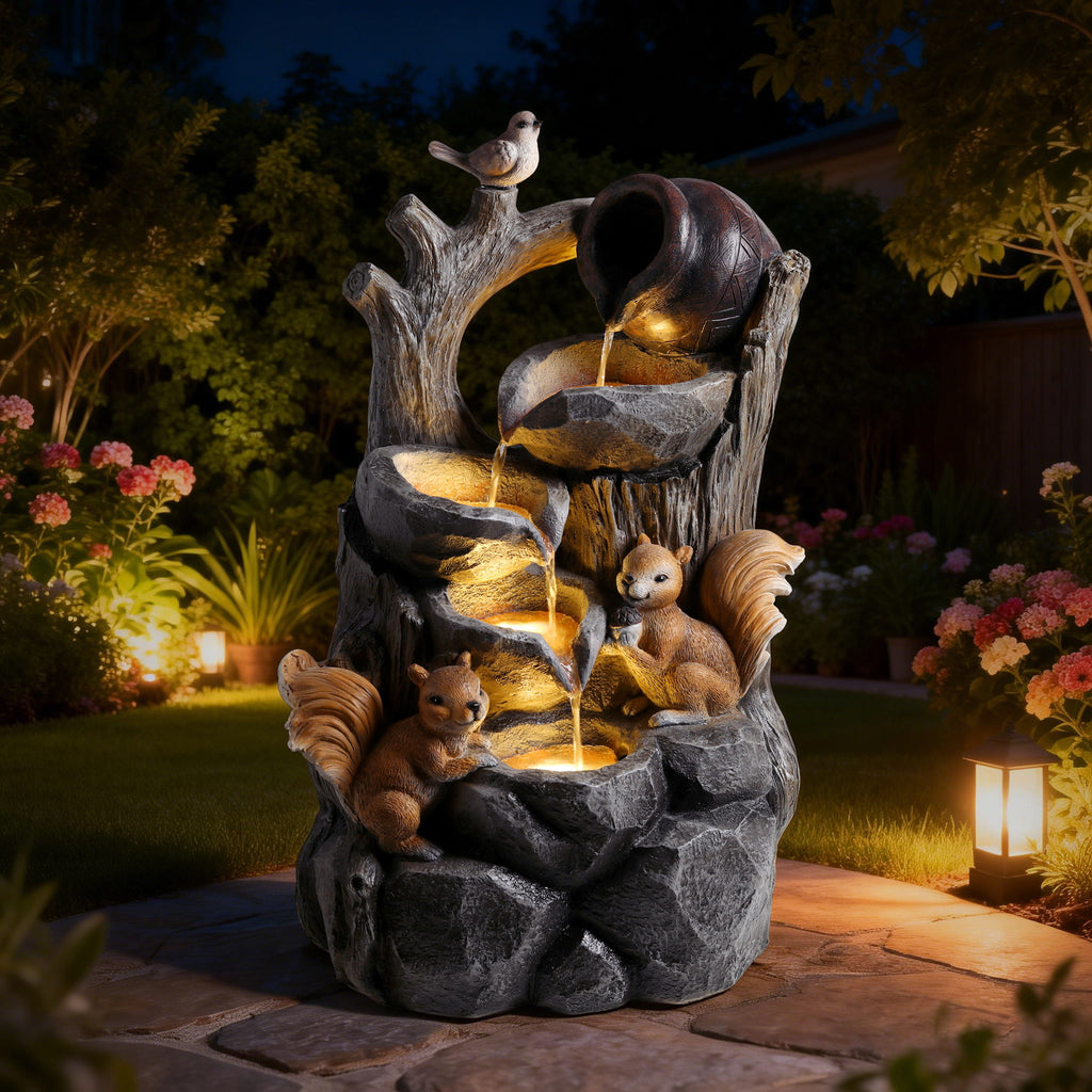 Outdoor Squirrel, Tiered Waterfall Fountain With LED Light For Patio - Gray