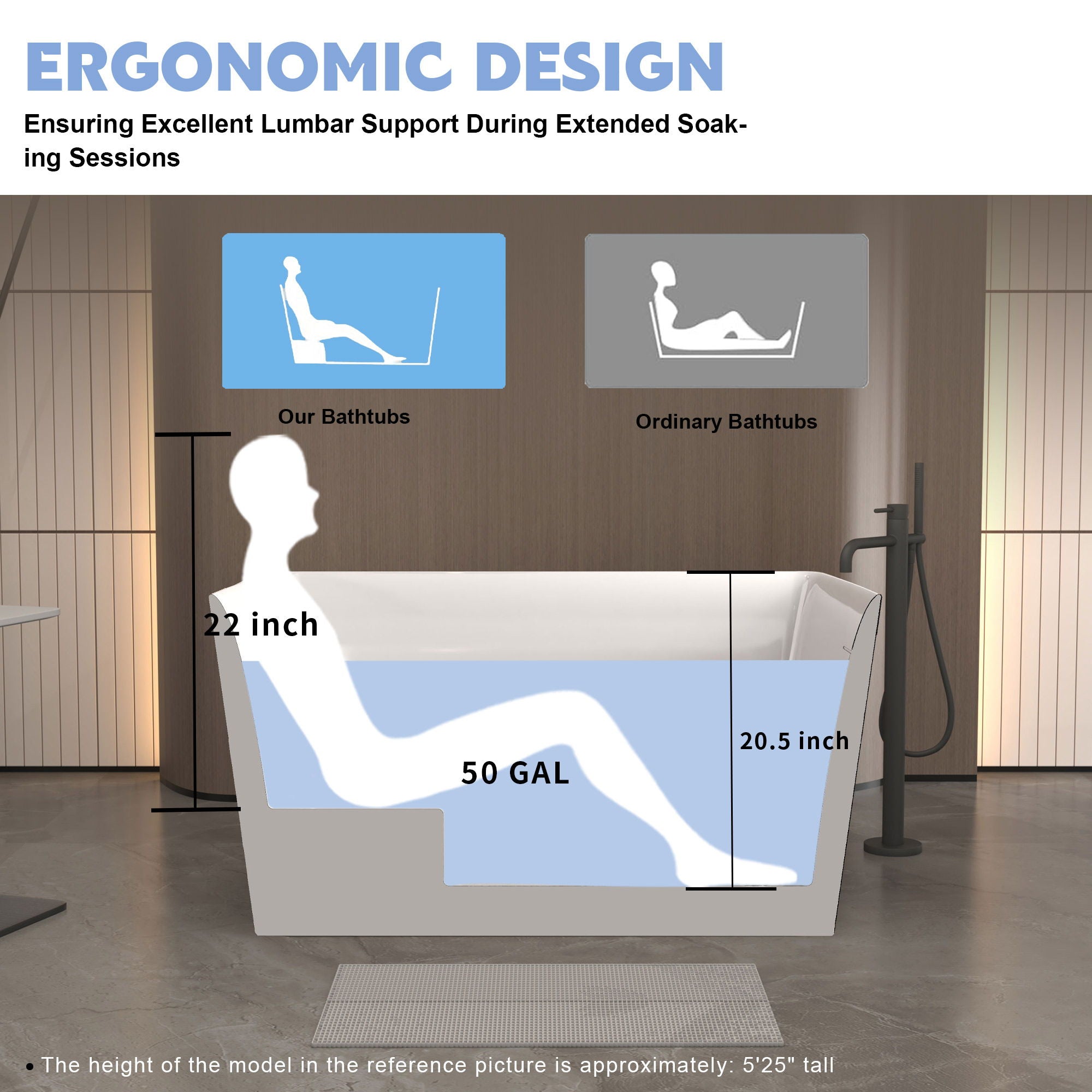 Freestanding Bathtub With Built In Seat, Rectangle Shape, Invisible Overflow & Pop Up Drain - Gloss White