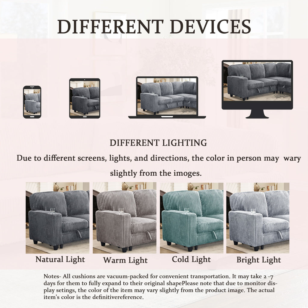 L-Shaped Sectional Sofa Bed With Pull Out Bed & Storage, 5 Seat Sleeper Couch With USB Charging For Living Room - Gray