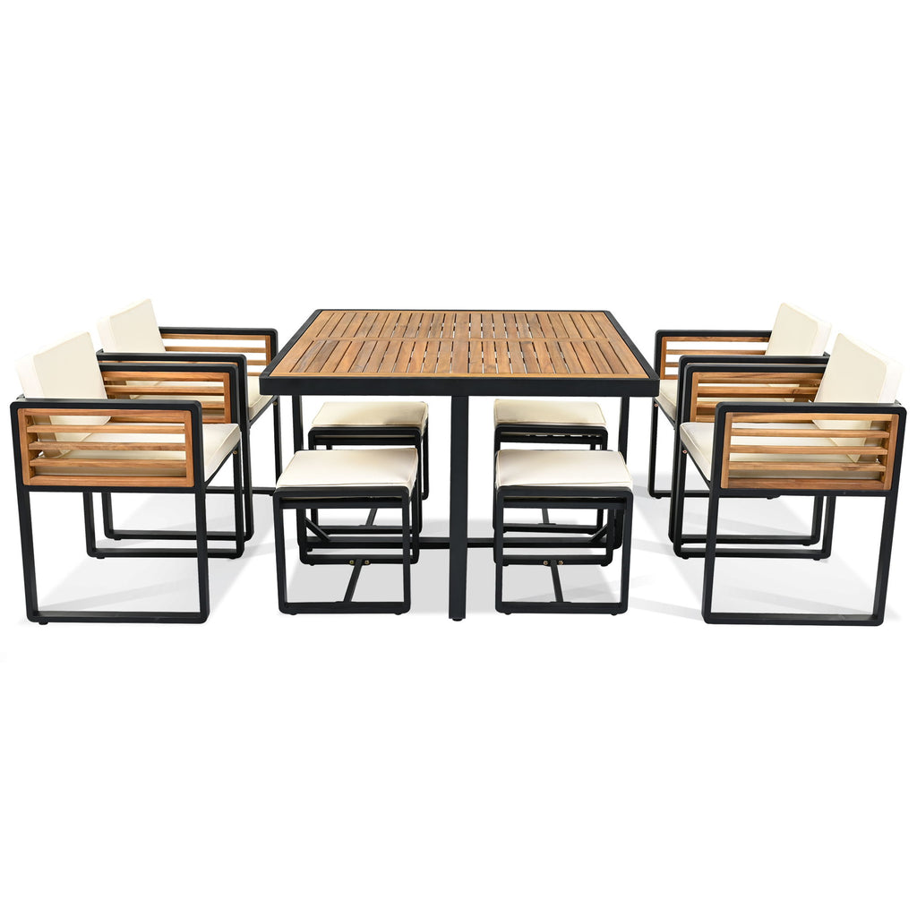 Acacia Wood Patio Dining Set, Cushioned Chairs & Ottomans Square Table