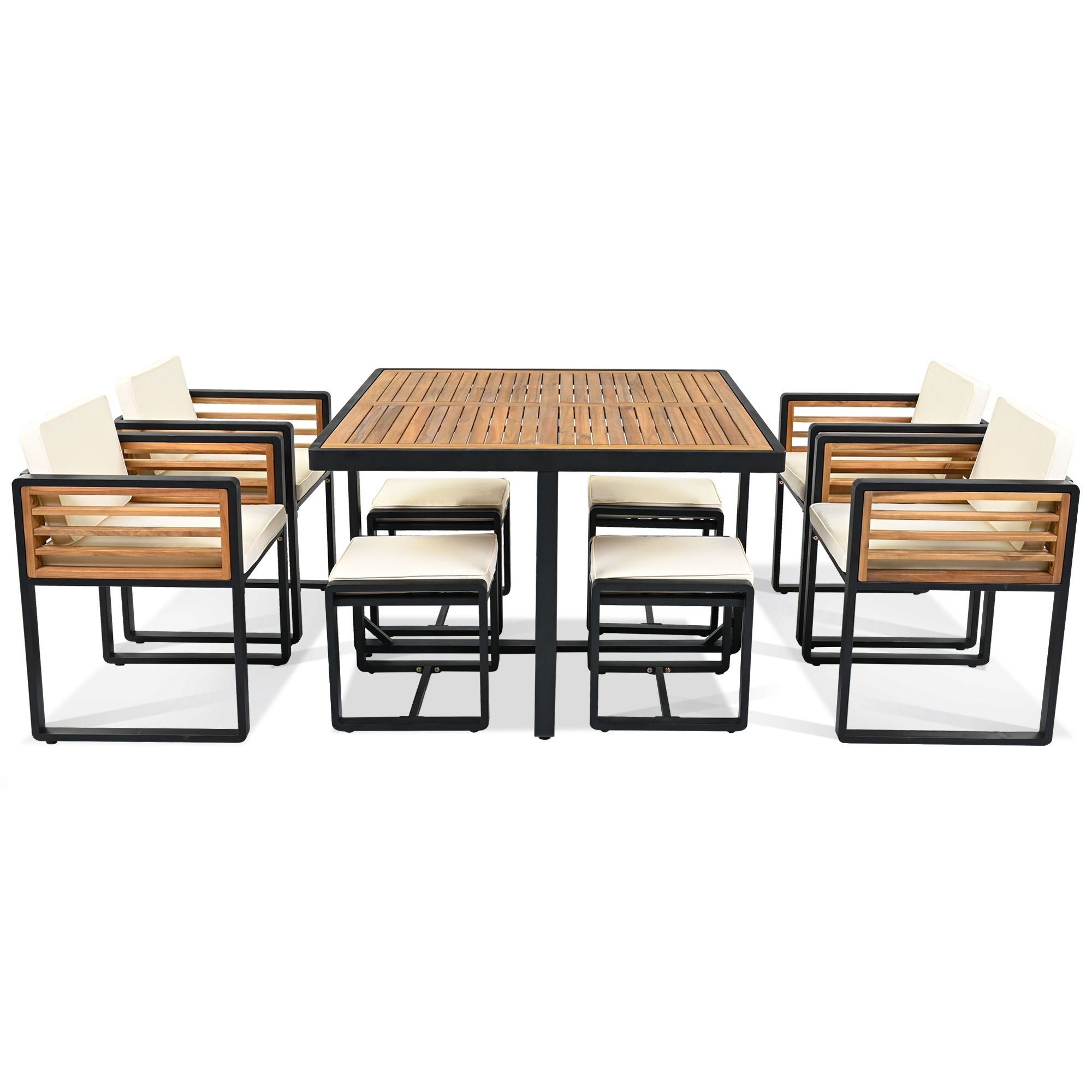 Acacia Wood Patio Dining Set, Cushioned Chairs & Ottomans Square Table