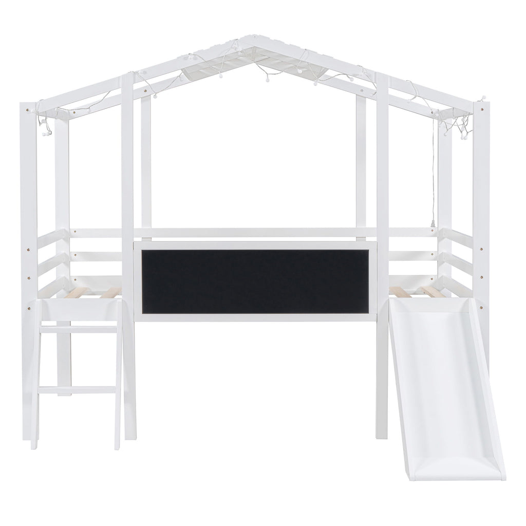 Loft House Bed With Ladder And Slide, With board And Light Strip On The Roof