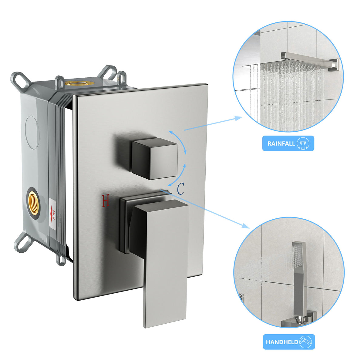 Wall Mounted Shower System With Adjustable Slide Bar And Rough In Valve, 12" Square Design - Brushed Nickel