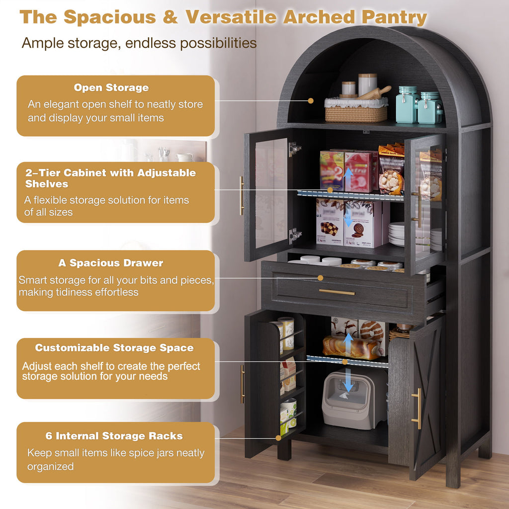 Arched Kitchen Pantry Cabinet With Adjustable Shelves And Barn Door Design