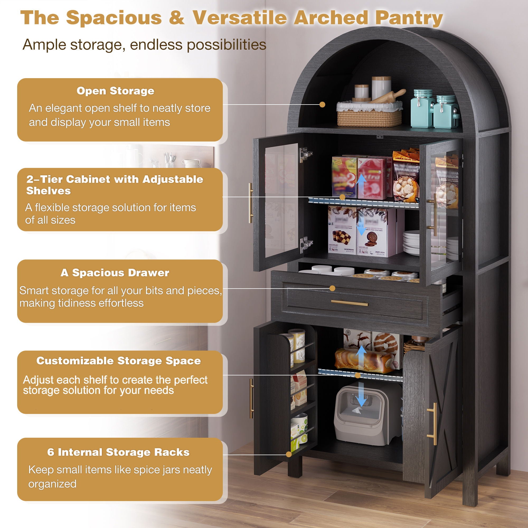 Arched Kitchen Pantry Cabinet With Adjustable Shelves And Barn Door Design
