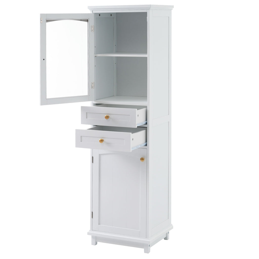 Tall Bathroom Storage Cabinet With Glass Doors, Free-Standing, Two Drawers, And Adjustable Shelves, Board, Painted Perfect For Displaying Your Favorite Items
