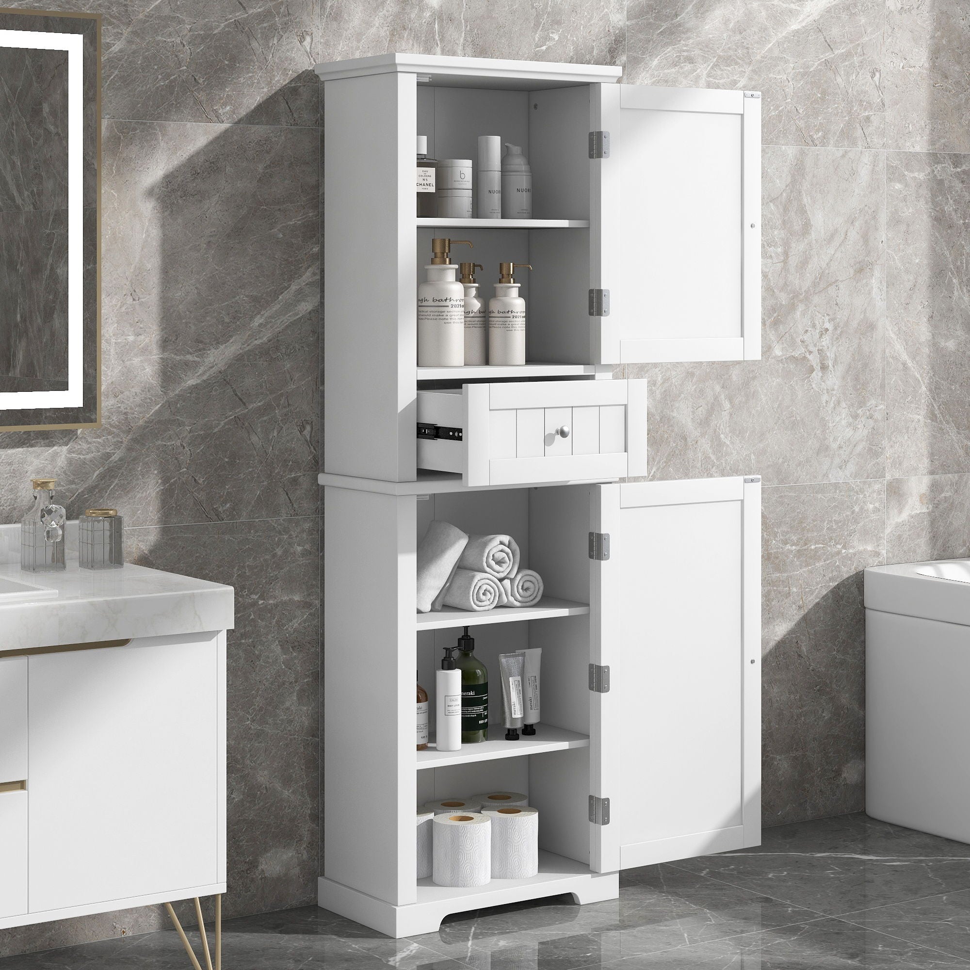 Tall Freestanding Bathroom Storage Cabinet With Drawer And Adjustable Shelf