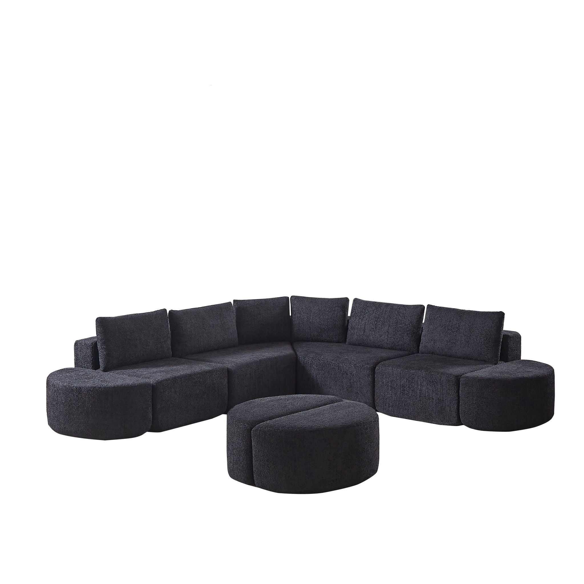 Modular Sectional Sofa With 6 Pillows And 4 Curved Footstools For Living Rooms - Black