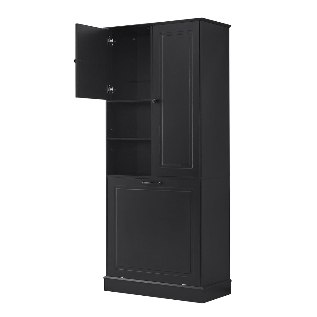 Modern Tall Storage Cabinet With Adjustable Shelves, Flip-Out Basket & Enclosed Doors